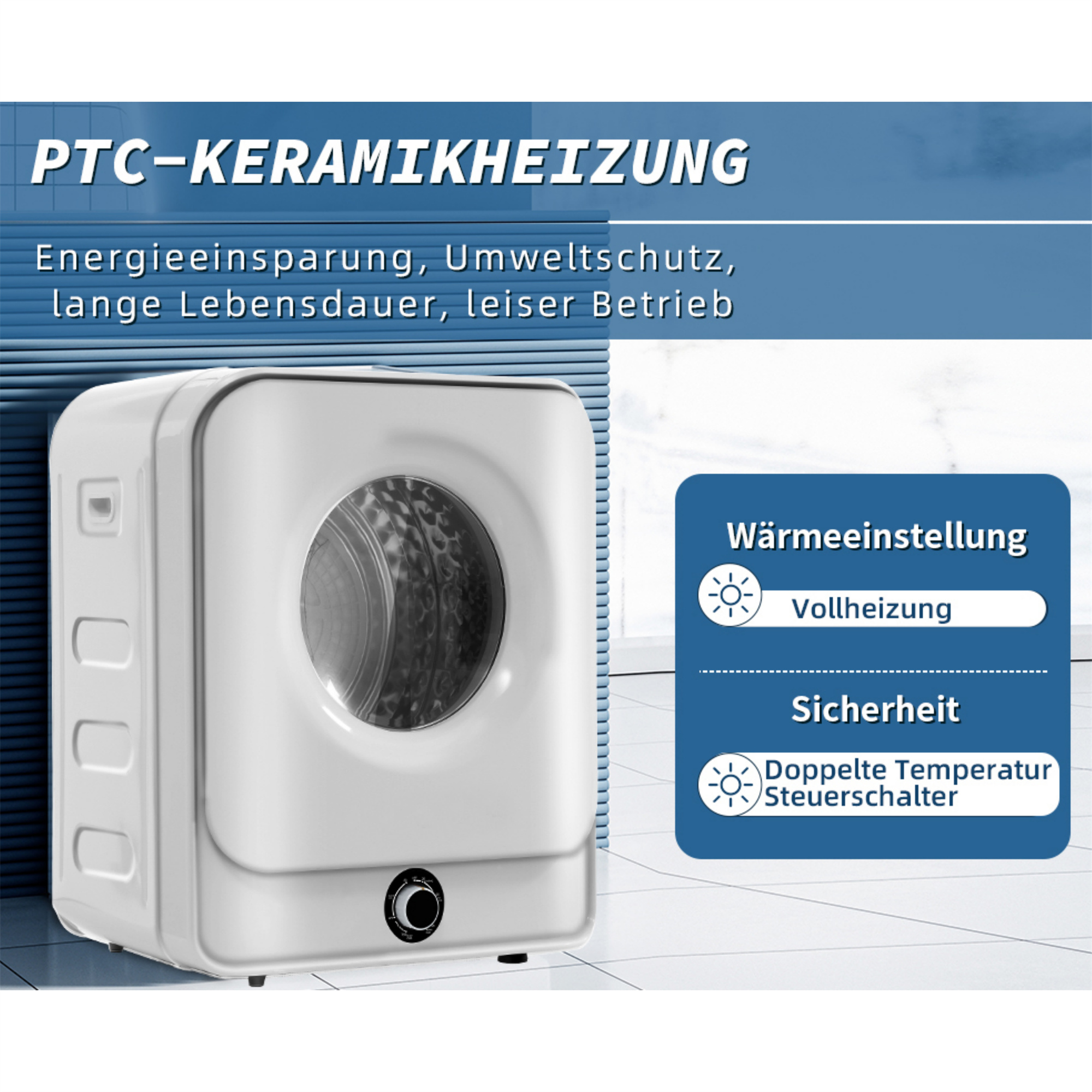 Ein weißes Gerät mit Bildschirm und Bedienelementen, mit deutschem Text oben.