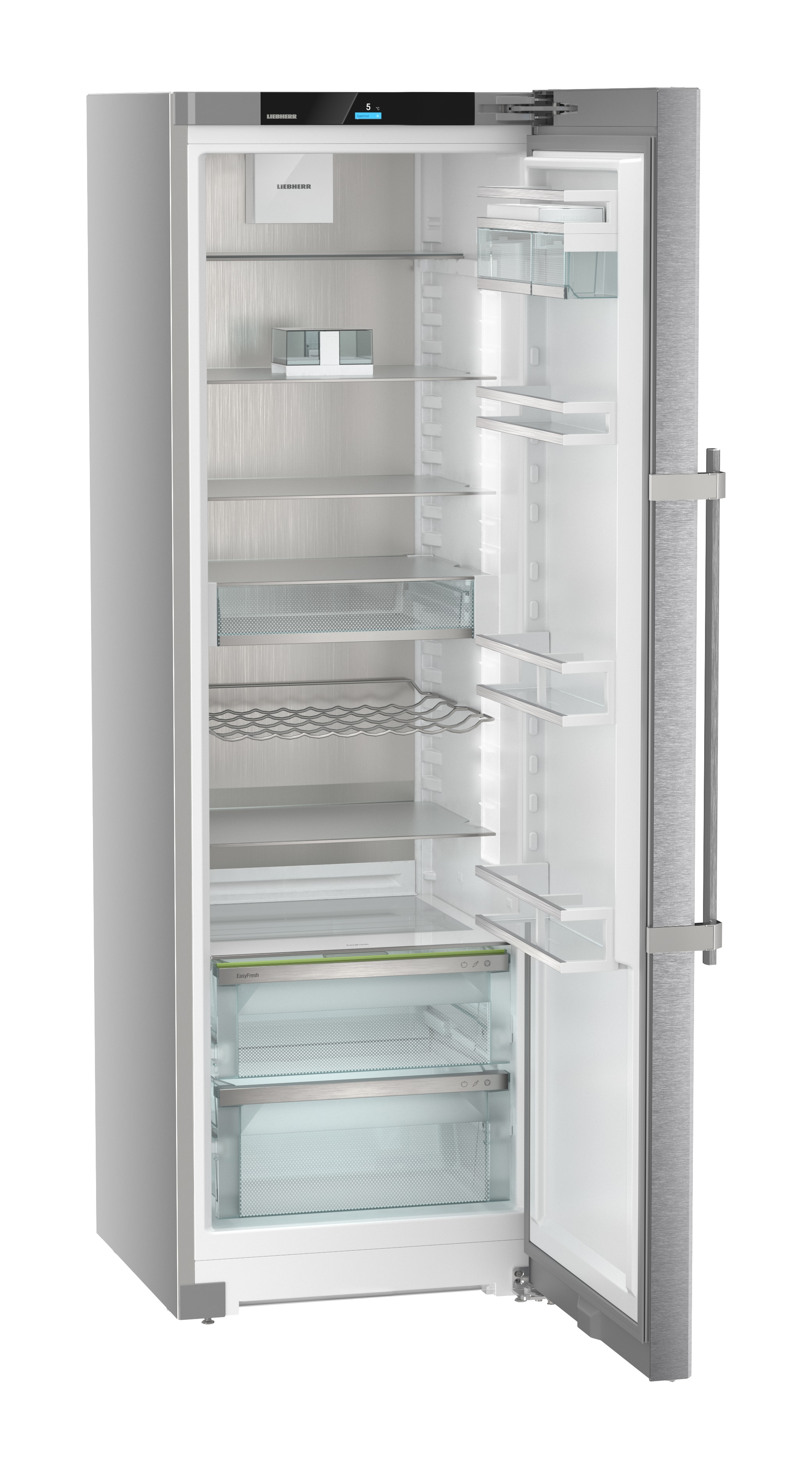Un refrigerador plateado abierto con estantes y cajones dentro de la puerta.