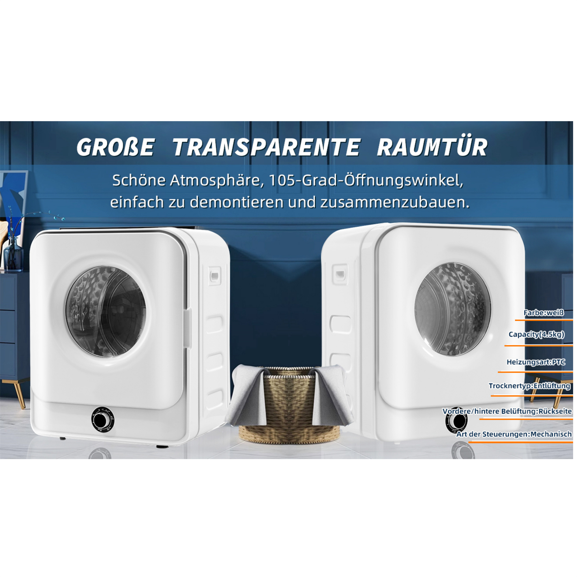 Zwei weiße Waschmaschinen mit einem Korb in der Mitte, und Text.
