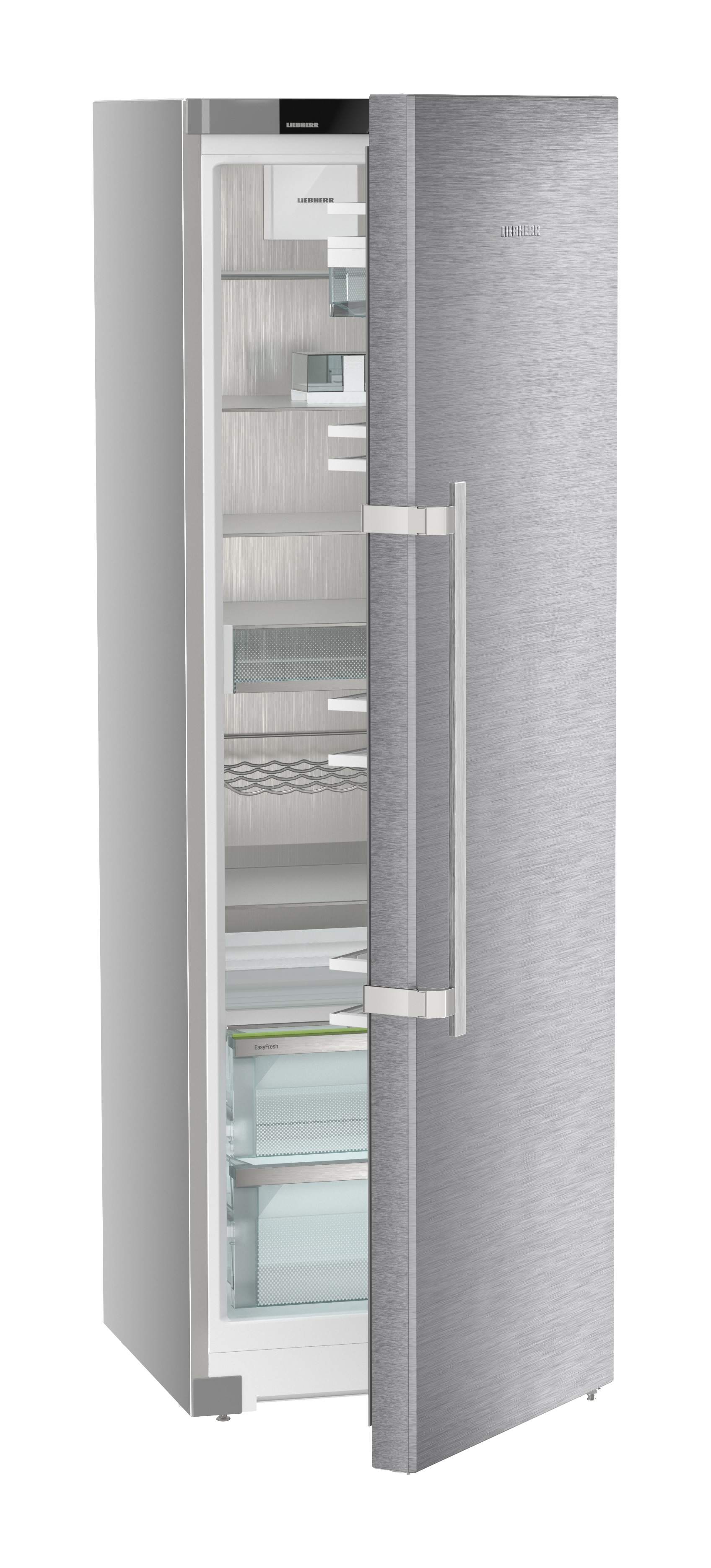 Un refrigerador de acero inoxidable con la puerta abierta, mostrando estantes y cajones. El fondo es blanco.