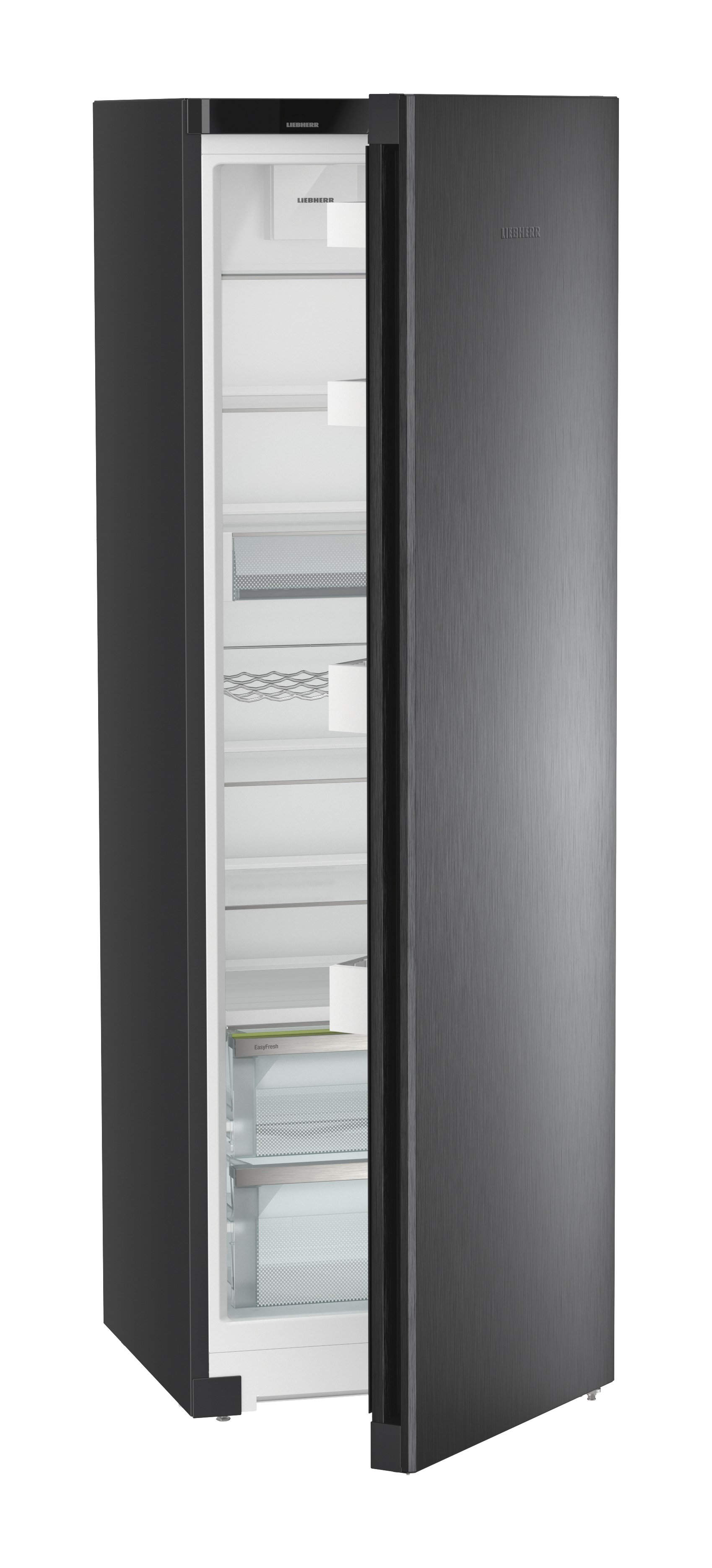 Refrigerador gris oscuro con puerta abierta, mostrando estantes. Diseño moderno, simple y organizado.