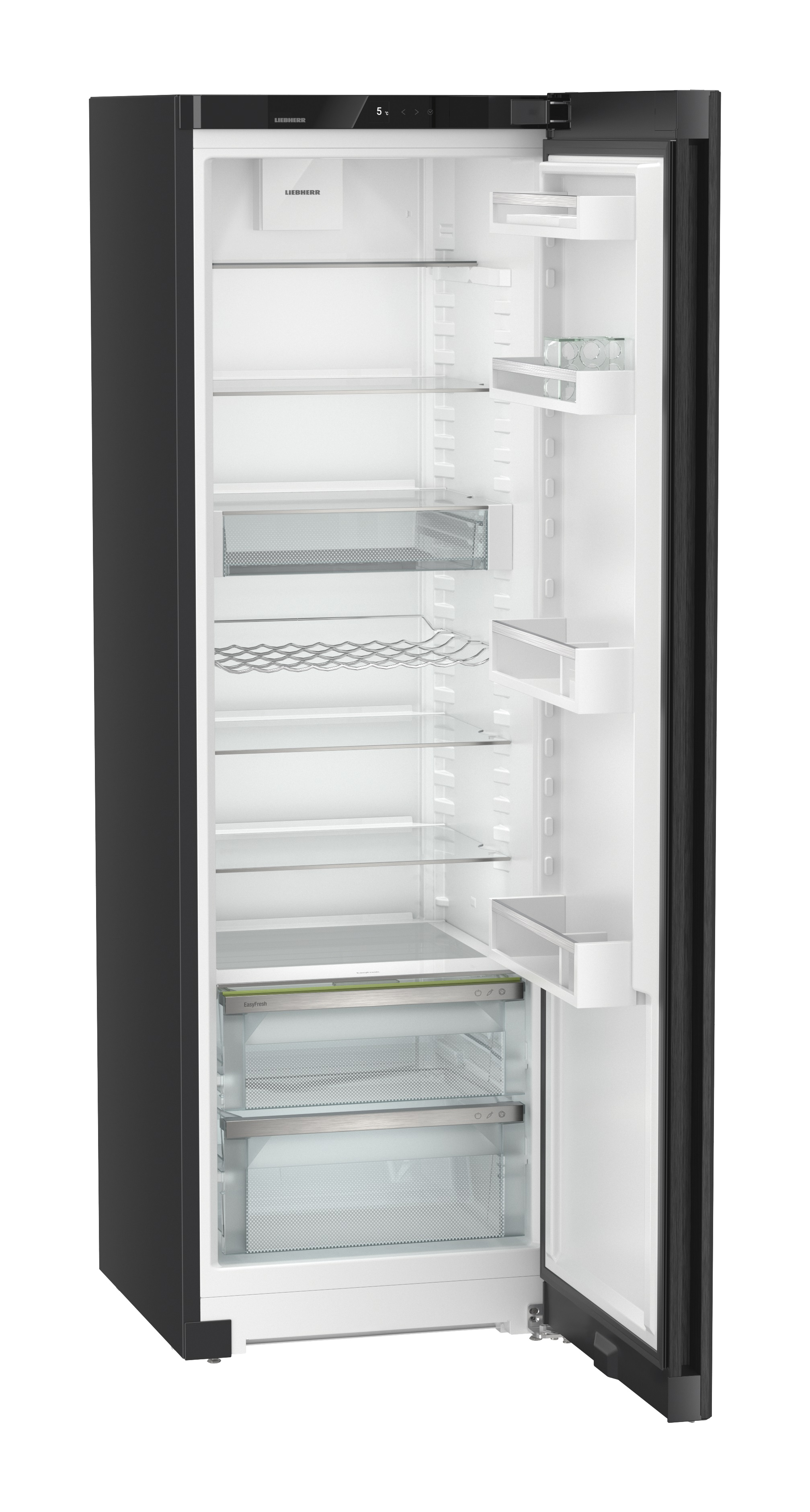 Refrigerador negro, abierto. Interior con estantes y cajones. Puerta a la derecha. Interior blanco.