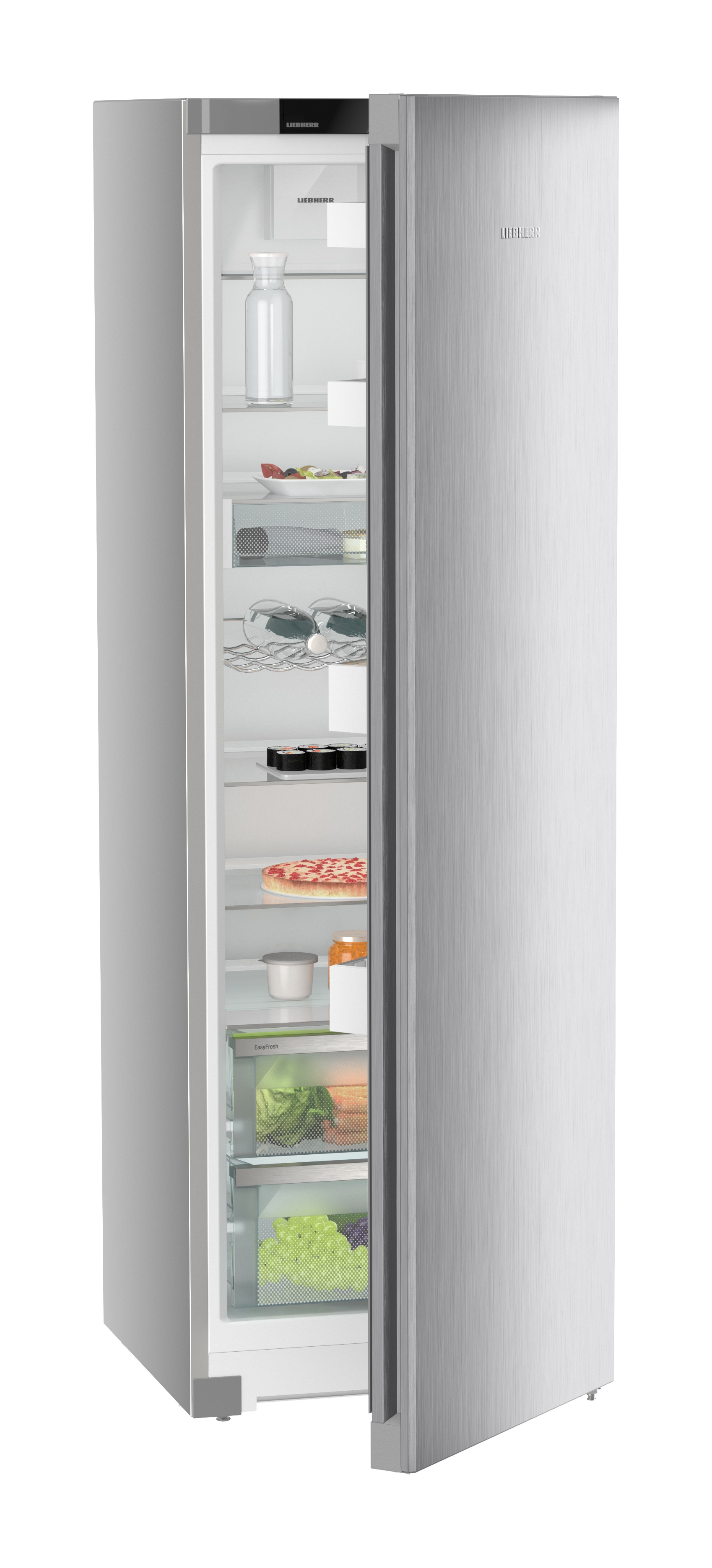 Refrigerador plateado con puerta abierta, mostrando estantes con comida.