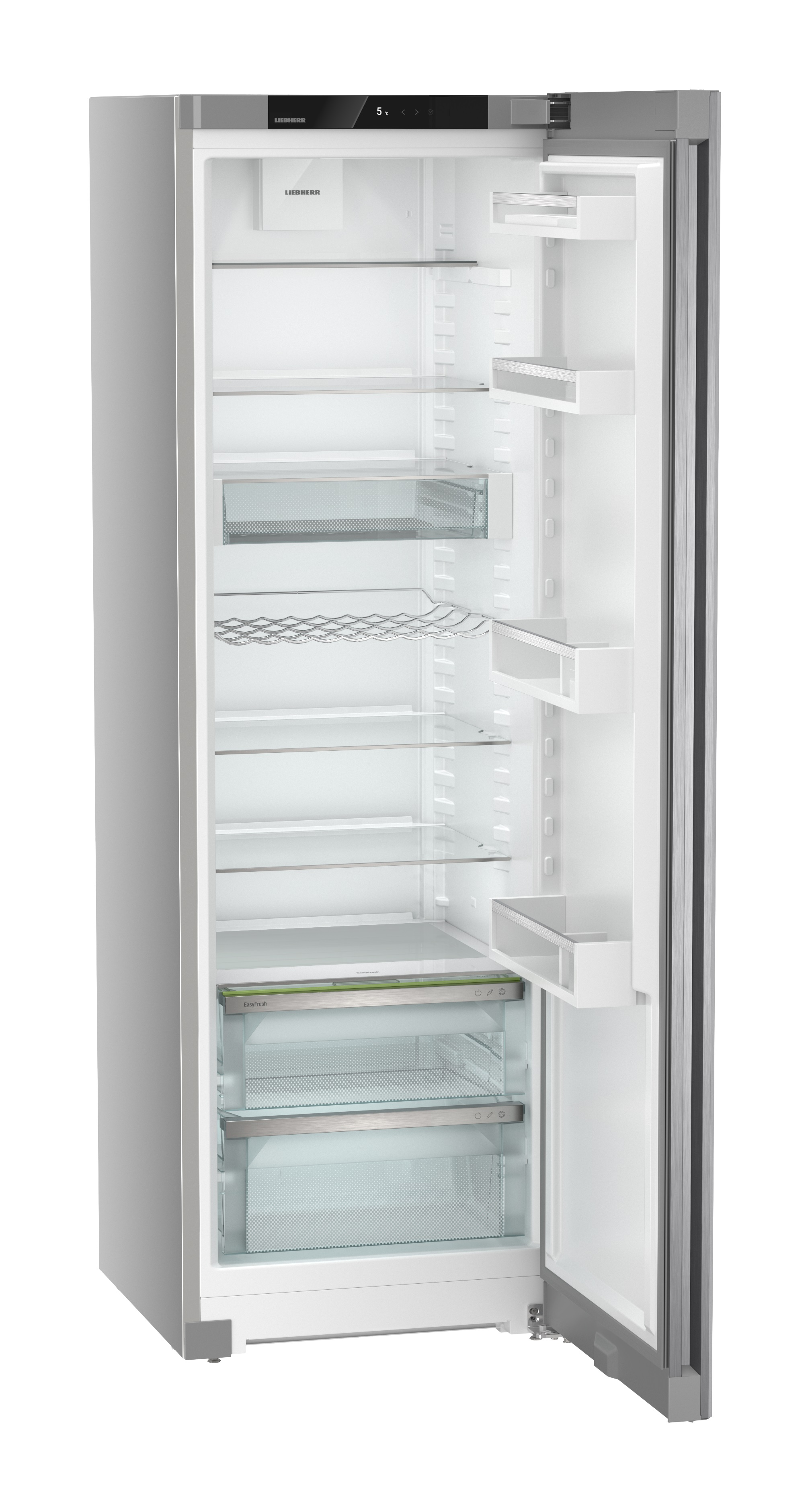 Refrigerador plateado con la puerta abierta. Estantes y cajones de vidrio. Fondo blanco.