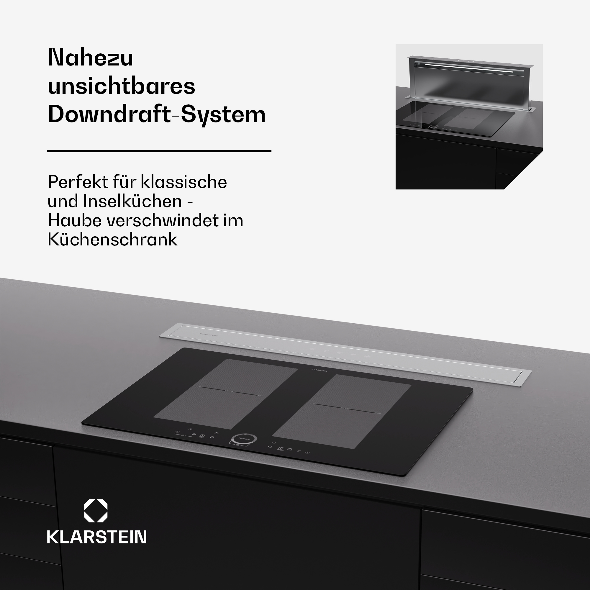 Un piano cottura a induzione nero con finiture argentate. Il testo descrive un sistema di aspirazione quasi invisibile.