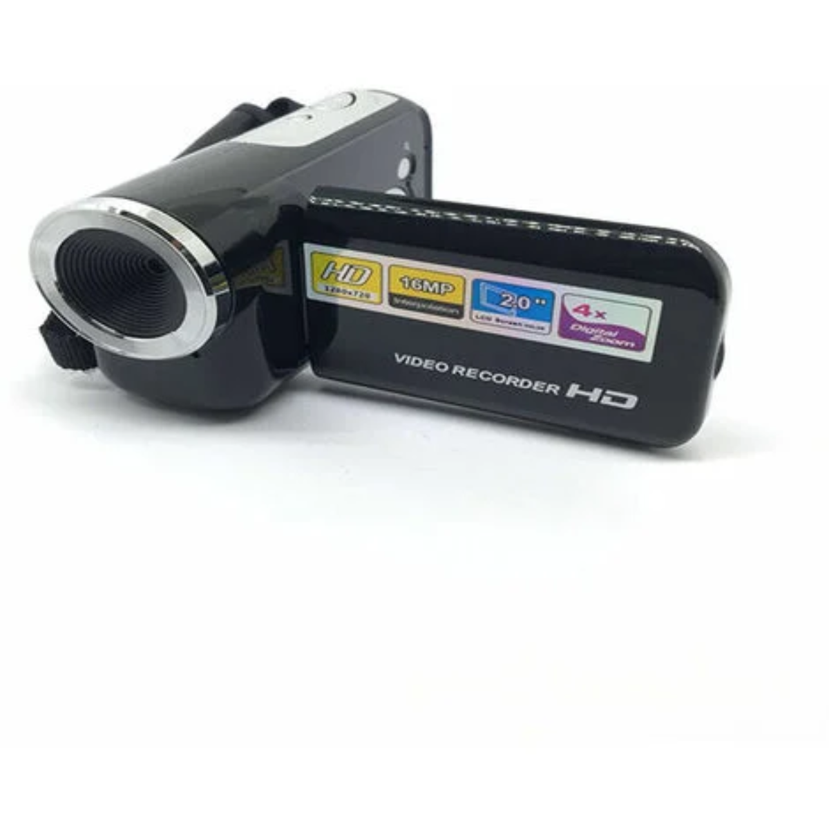 Schwarze Videokamera mit 1280x720 Auflösung und 16MP Videoaufnahme auf Weiß.