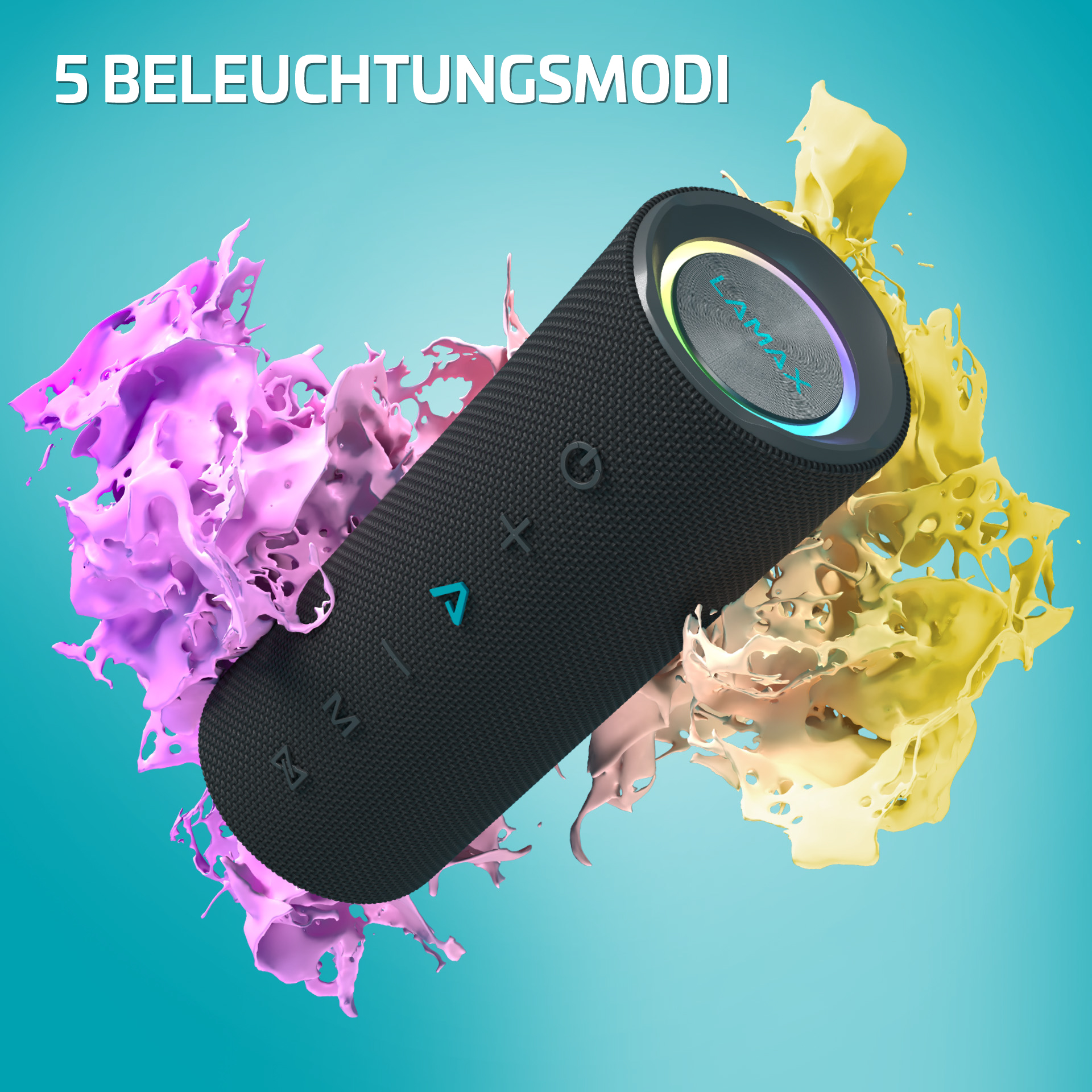 Schwarzer Lautsprecher mit farbenfrohem Spritzhintergrund. Blaue, gelbe und violette Farben. Fünf Beleuchtungsmodi.