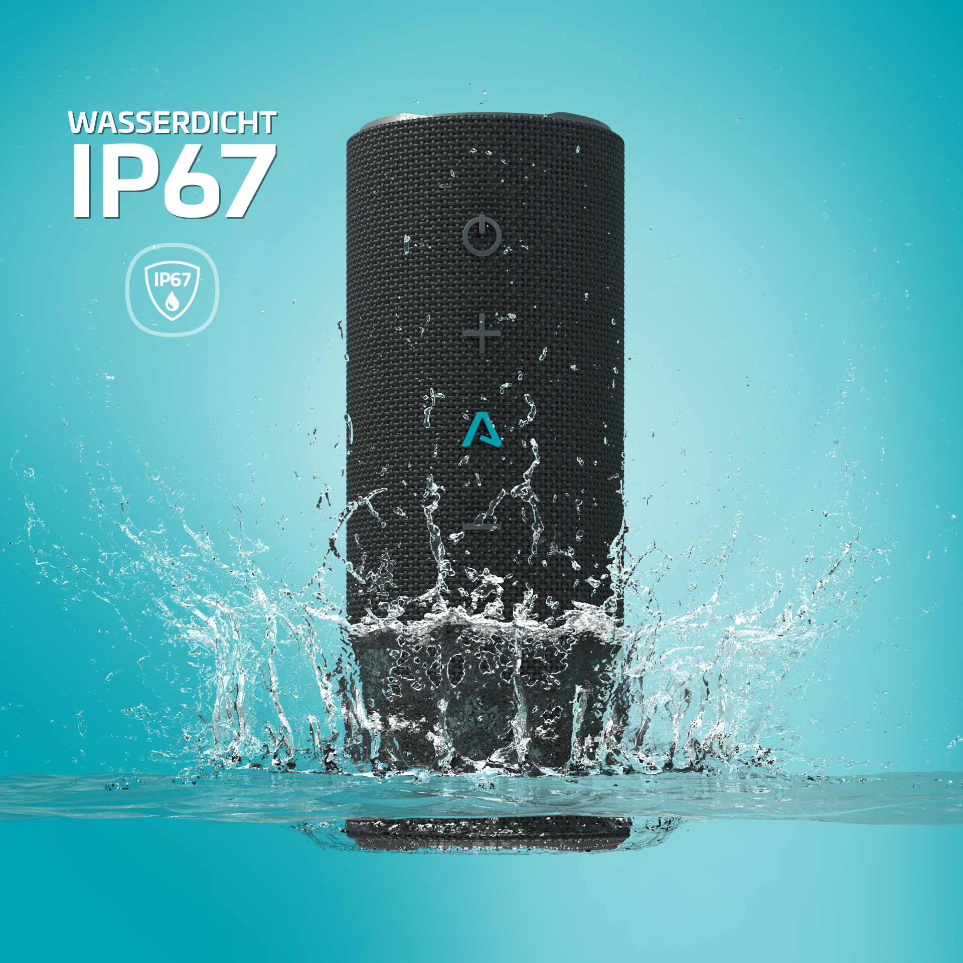 Schwarzer, zylindrischer, wasserdichter Lautsprecher mit Wasserspritzern.