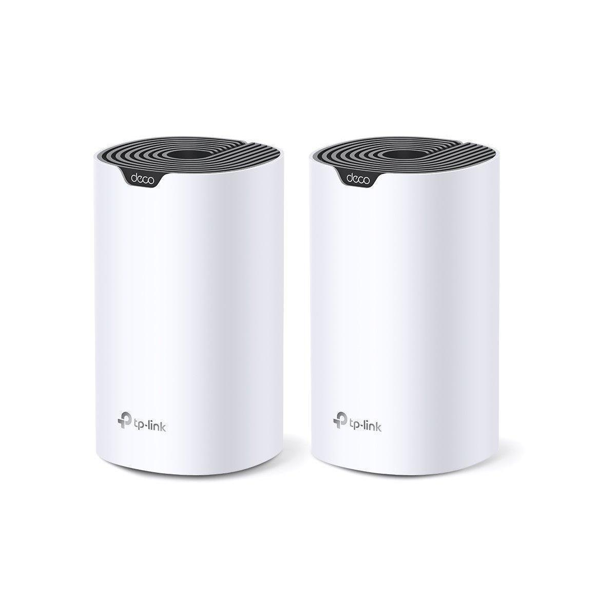 Zwei weiße, zylindrische Mesh-WLAN-Extender mit 'deco'-Etiketten vor weißem Hintergrund.