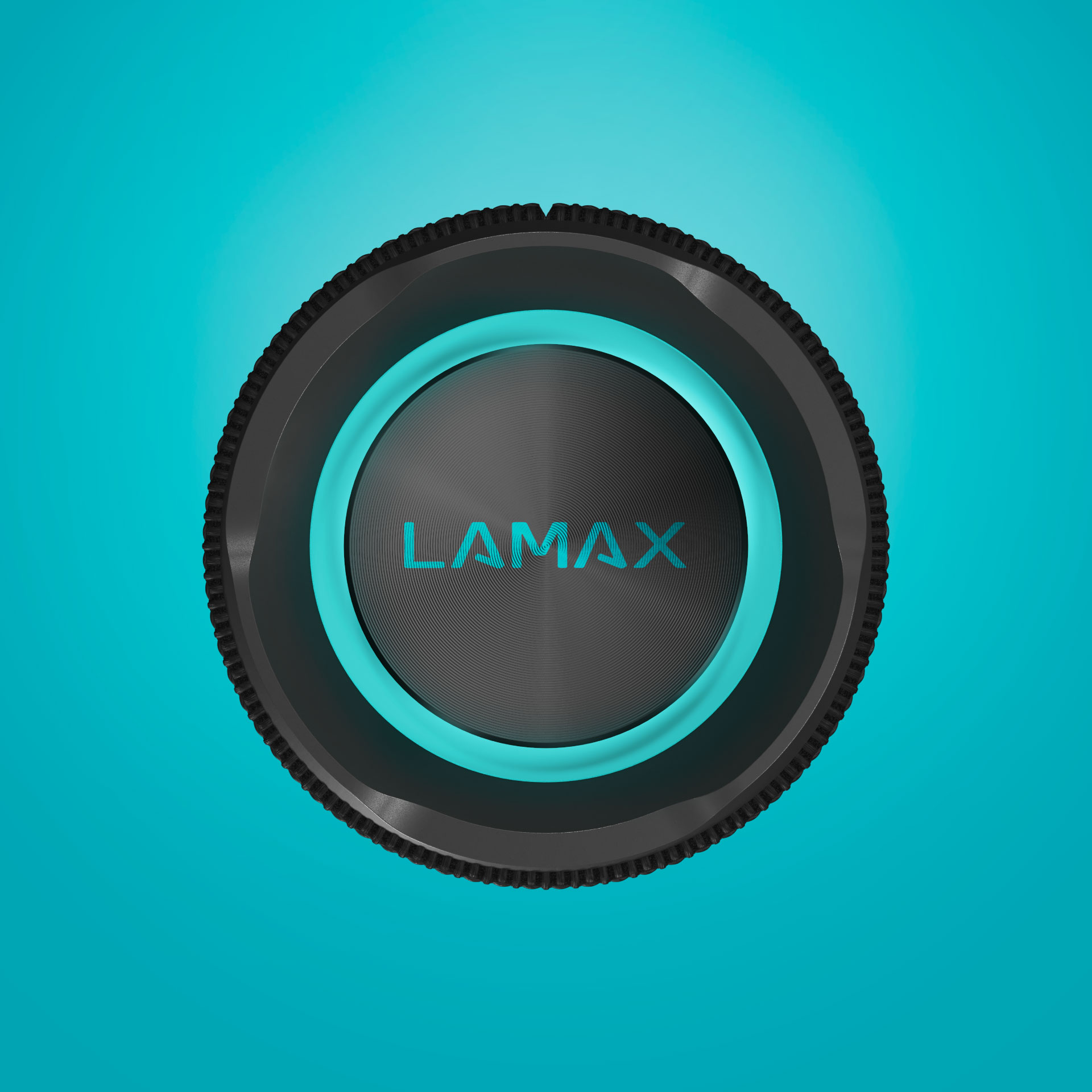 Schwarzer und teal LAMAX-Lautsprecher. Teal-Lichtkreis in der Mitte. Schwarz strukturierter Rand.