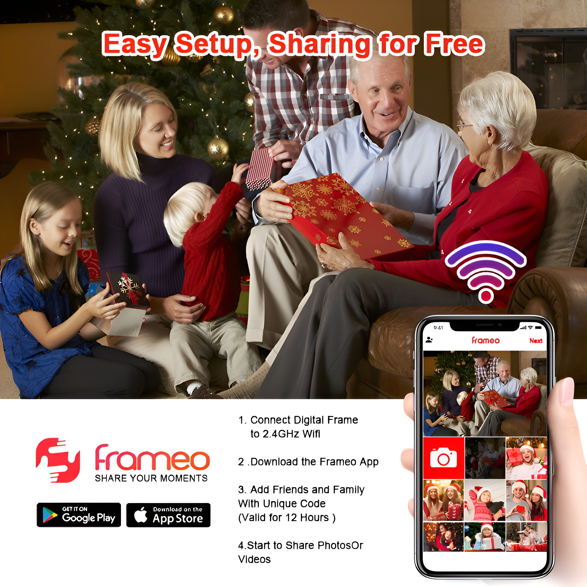 Familie teilt Geschenke. Text: Einfache Einrichtung, Kostenloses Teilen. Ein Telefon zeigt Fotos.