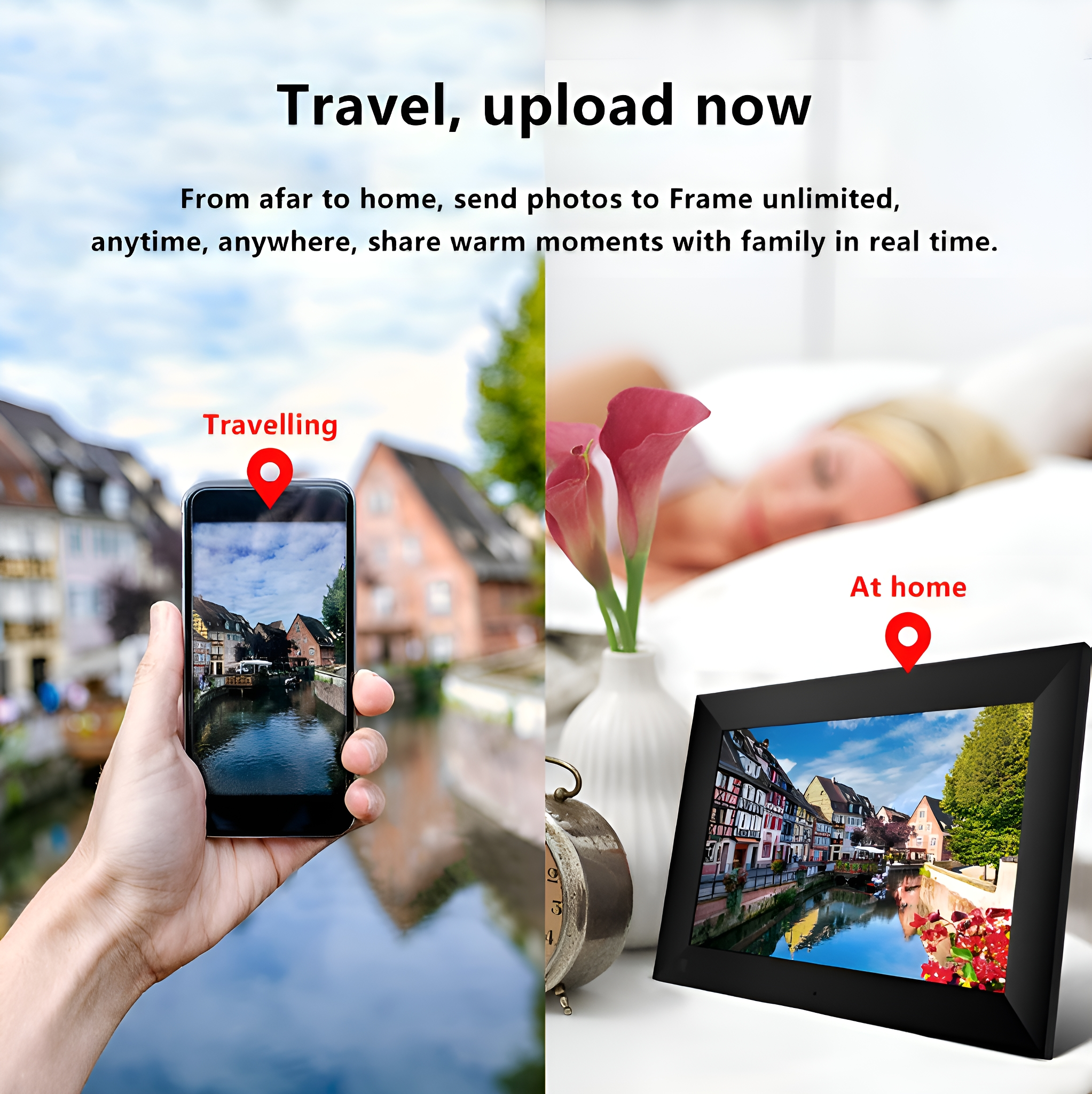 Telefon mit Foto und Fotorahmen. Eine Person reist und eine Person ist zu Hause. Blumen und Haus.