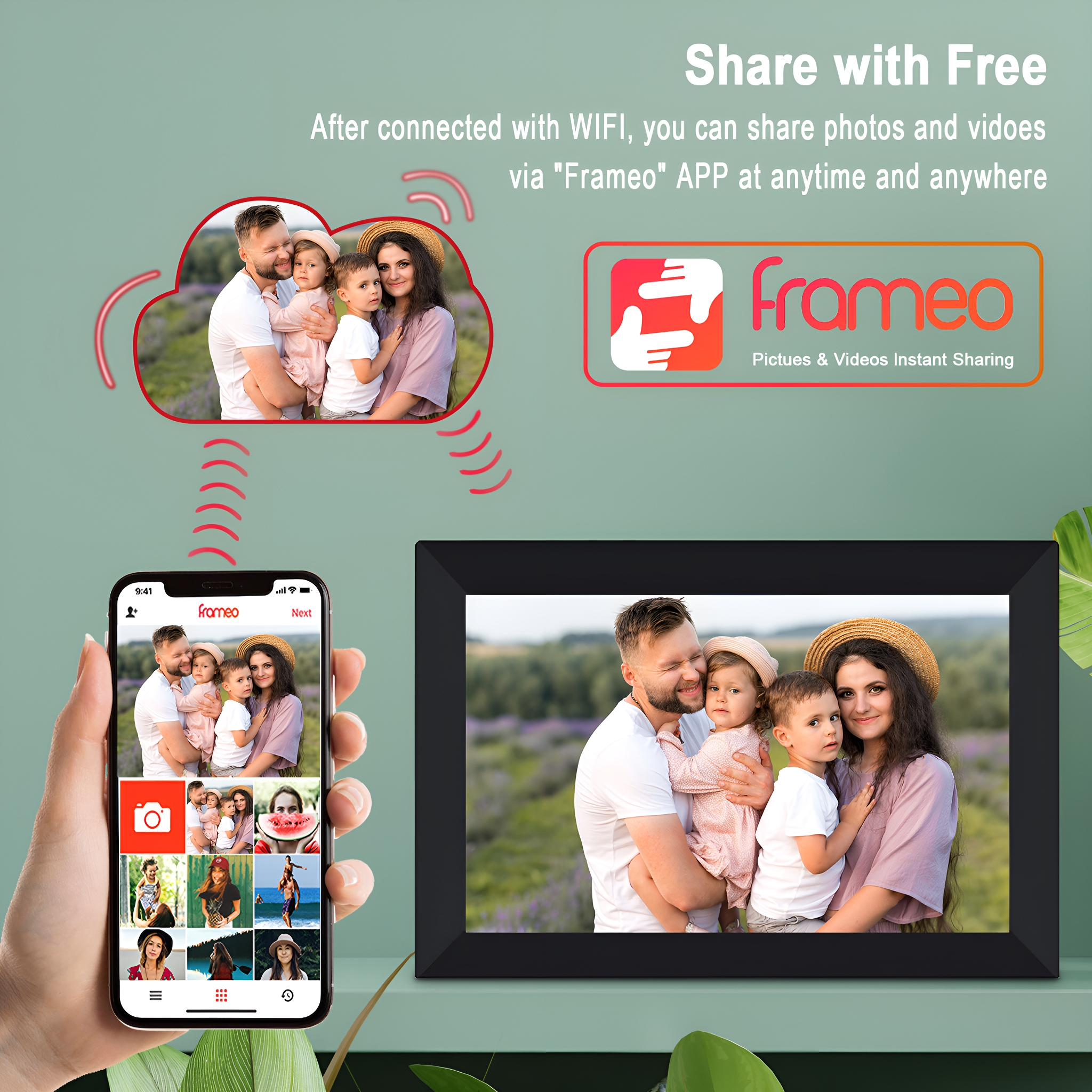 Ein Mobiltelefon und ein digitaler Bilderrahmen, die Familienfotos anzeigen, mit Cloud-Konnektivität.