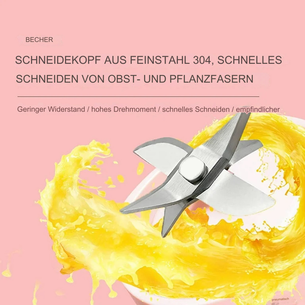 Mixerklinge in gelber Flüssigkeit. Rosa Hintergrund, Text auf Deutsch.