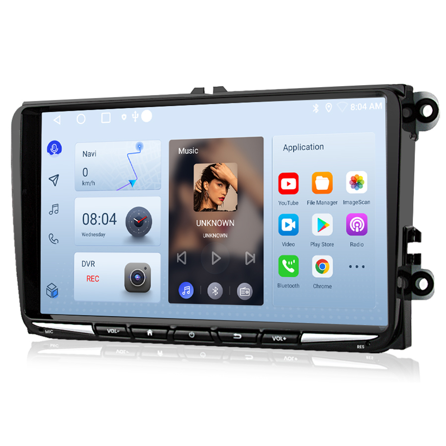 Auto-Mediaplayer mit Touchscreen, der Apps und Uhrzeit anzeigt. Schwarzer Rahmen.