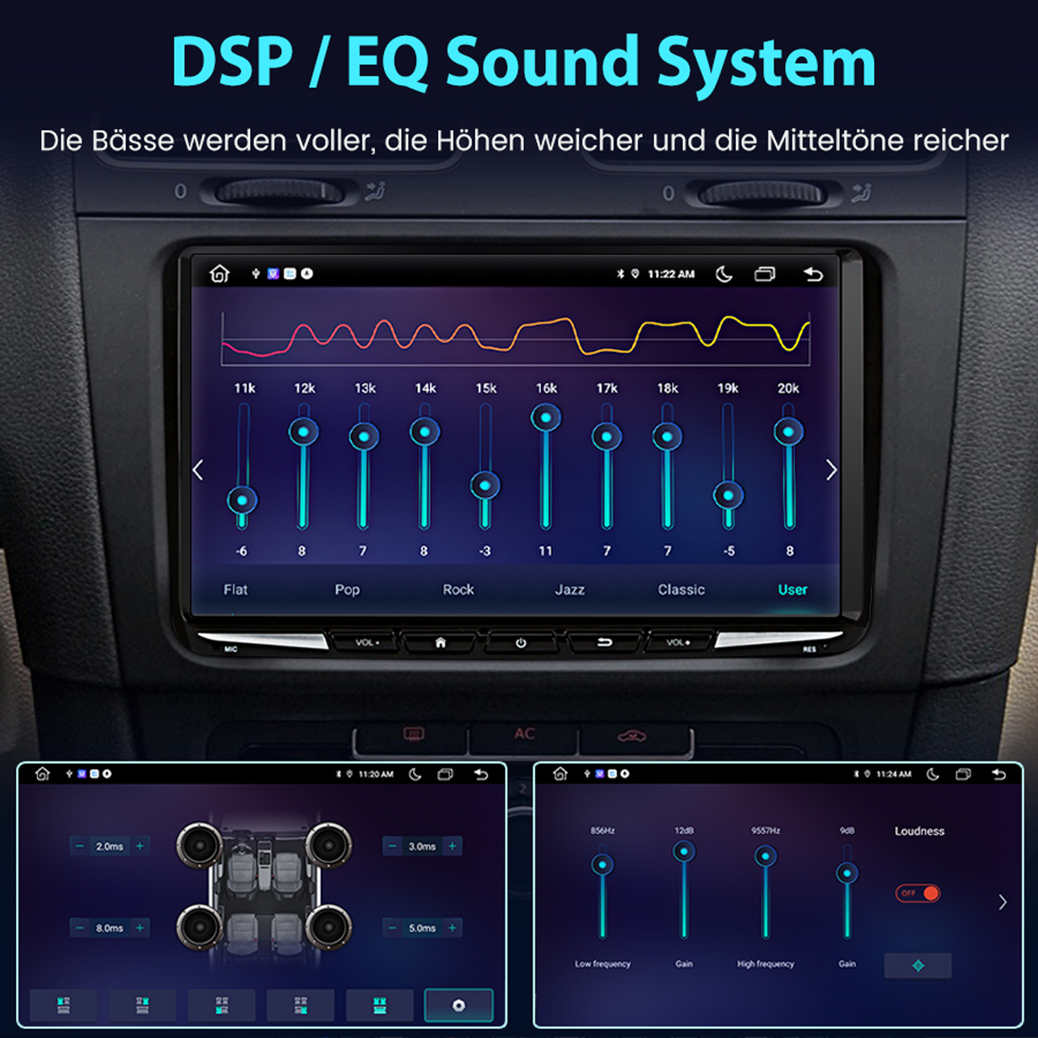 Eine Autoschnittstelle, die Equalizer- und Toneinstellungen zeigt.