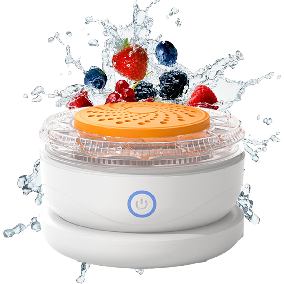 Ein weißes und orangefarbenes Gerät, das Beeren wäscht, mit spritzendem Wasser. Beeren schweben.