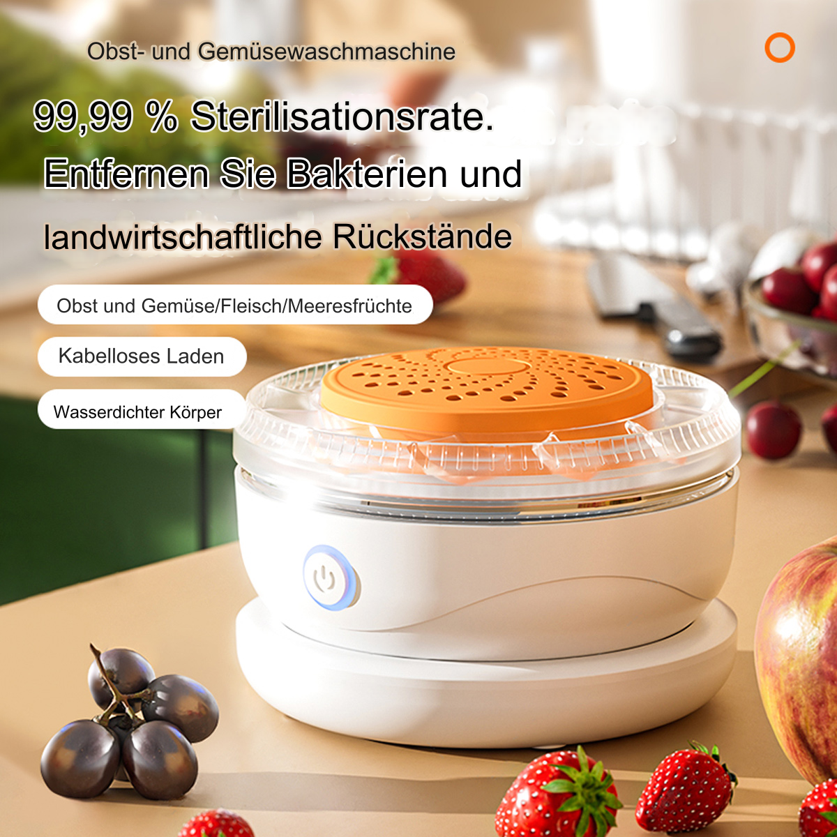 Weißer und oranger Obst- und Gemüse-Reiniger mit Text und Bildern von Früchten auf weißem Hintergrund.