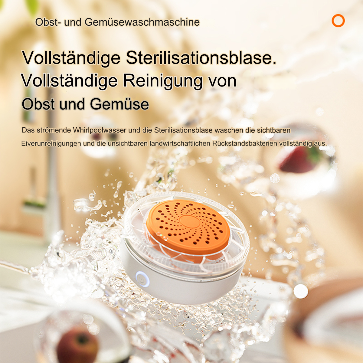 Obst- und Gemüsewaschmaschine mit orangem Deckel. Wasserspritzer, weiße und transparente Elemente.