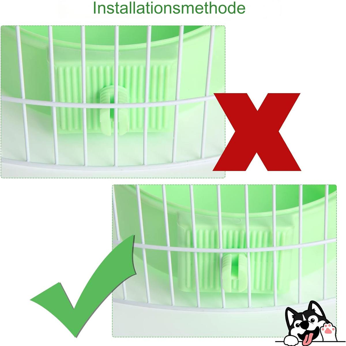 Zwei Bilder zeigen falsche und richtige Methoden zur Installation eines Filters in einem grünen Behälter.