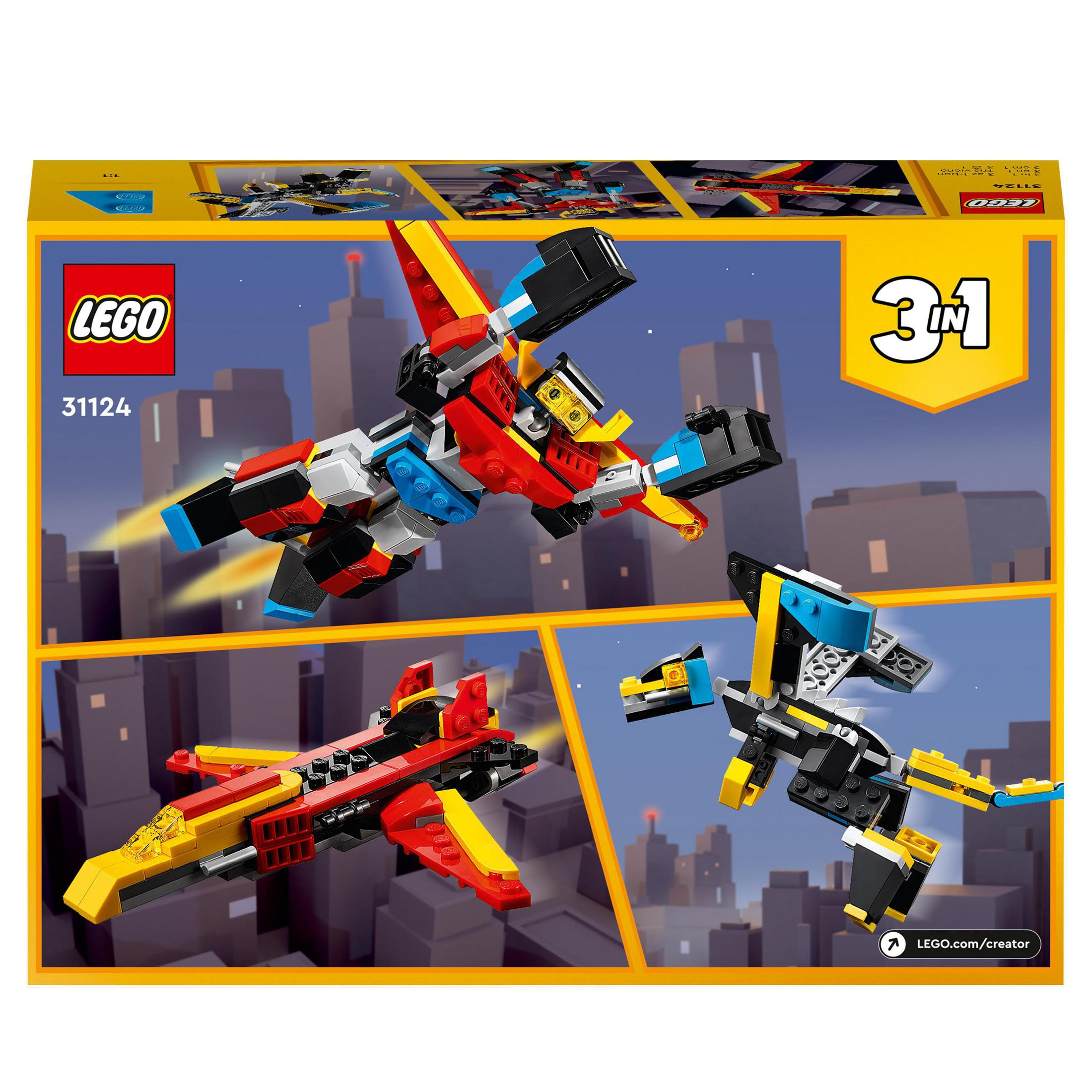 Caja LEGO con tres modelos diferentes de avión mostrados en la parte delantera.