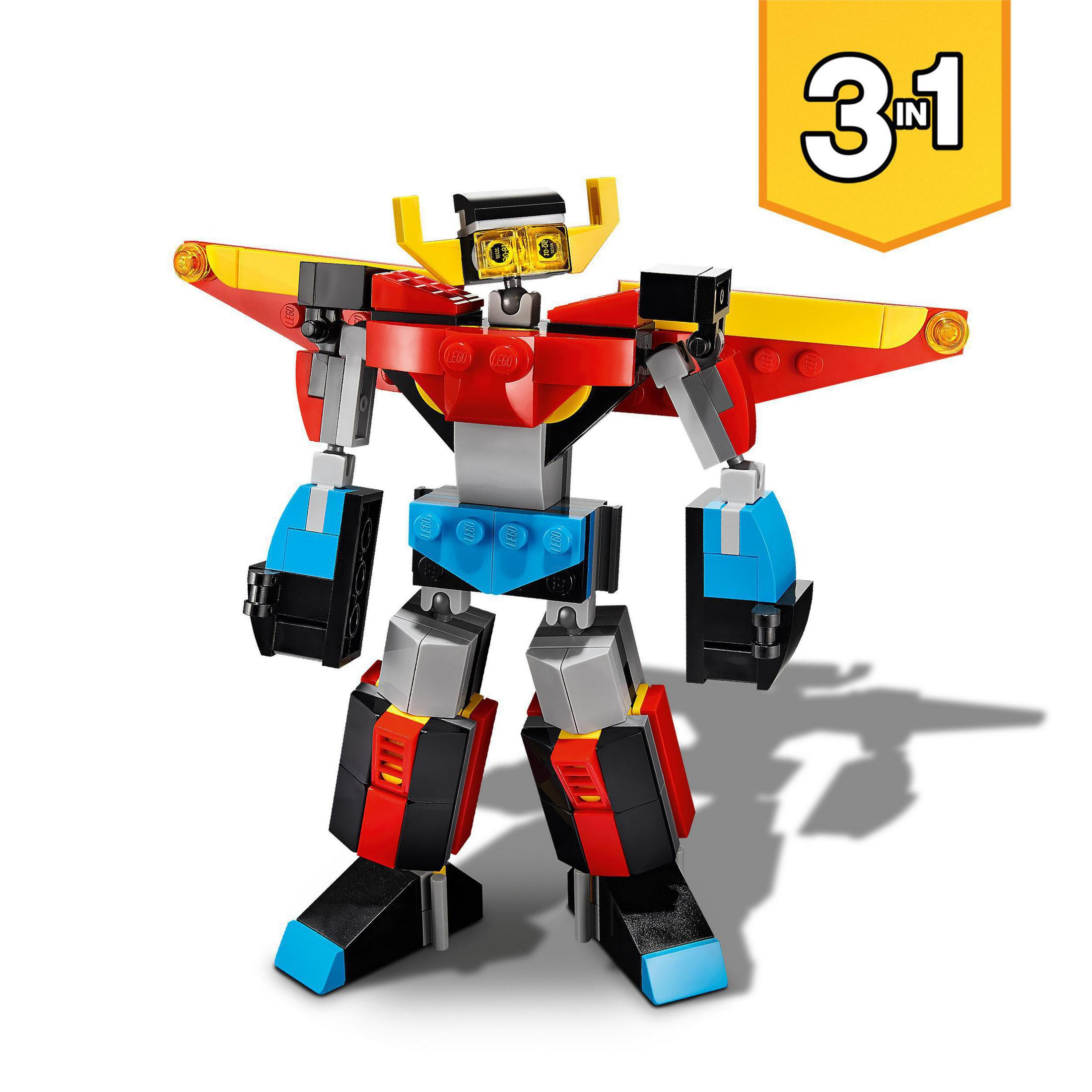 Figura de juguete robot Lego en rojo, negro, amarillo y azul. Se apoya en una superficie blanca, con letrero 3 en 1.