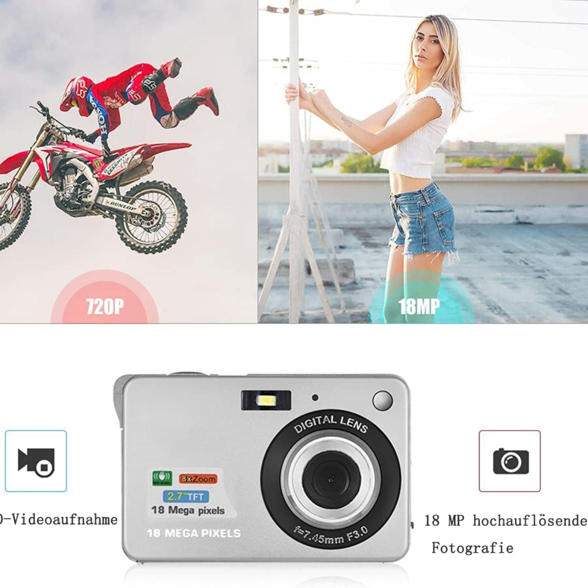 Eine silberne Digitalkamera mit Menschen und einem Motorrad im Hintergrund.