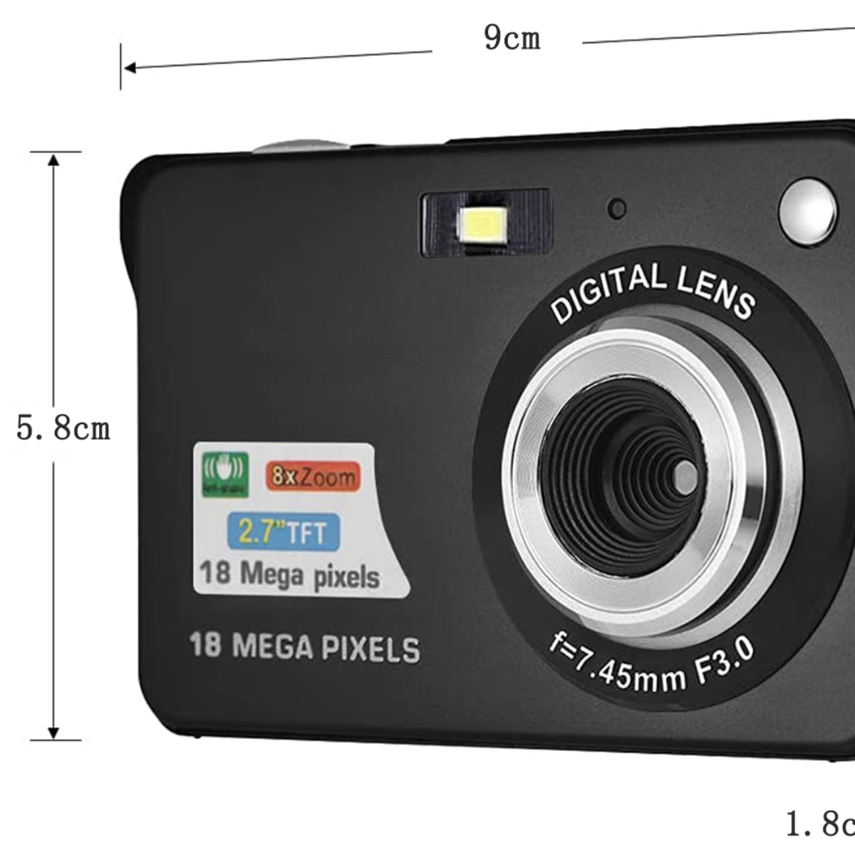 Schwarze Digitalkamera mit 8-fach Zoom, 2,7" TFT und 18 Megapixeln. Sie hat ein Objektiv und einen Blitz.