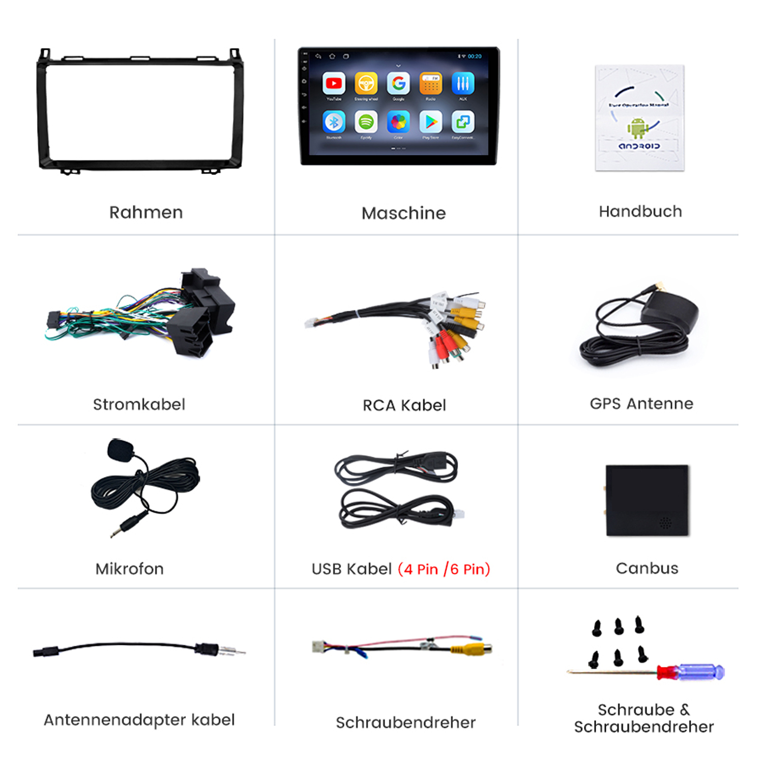 Neun Artikel für den Einbau eines Autoradios. Enthält einen Rahmen, Bildschirm, Kabel und Antenne.