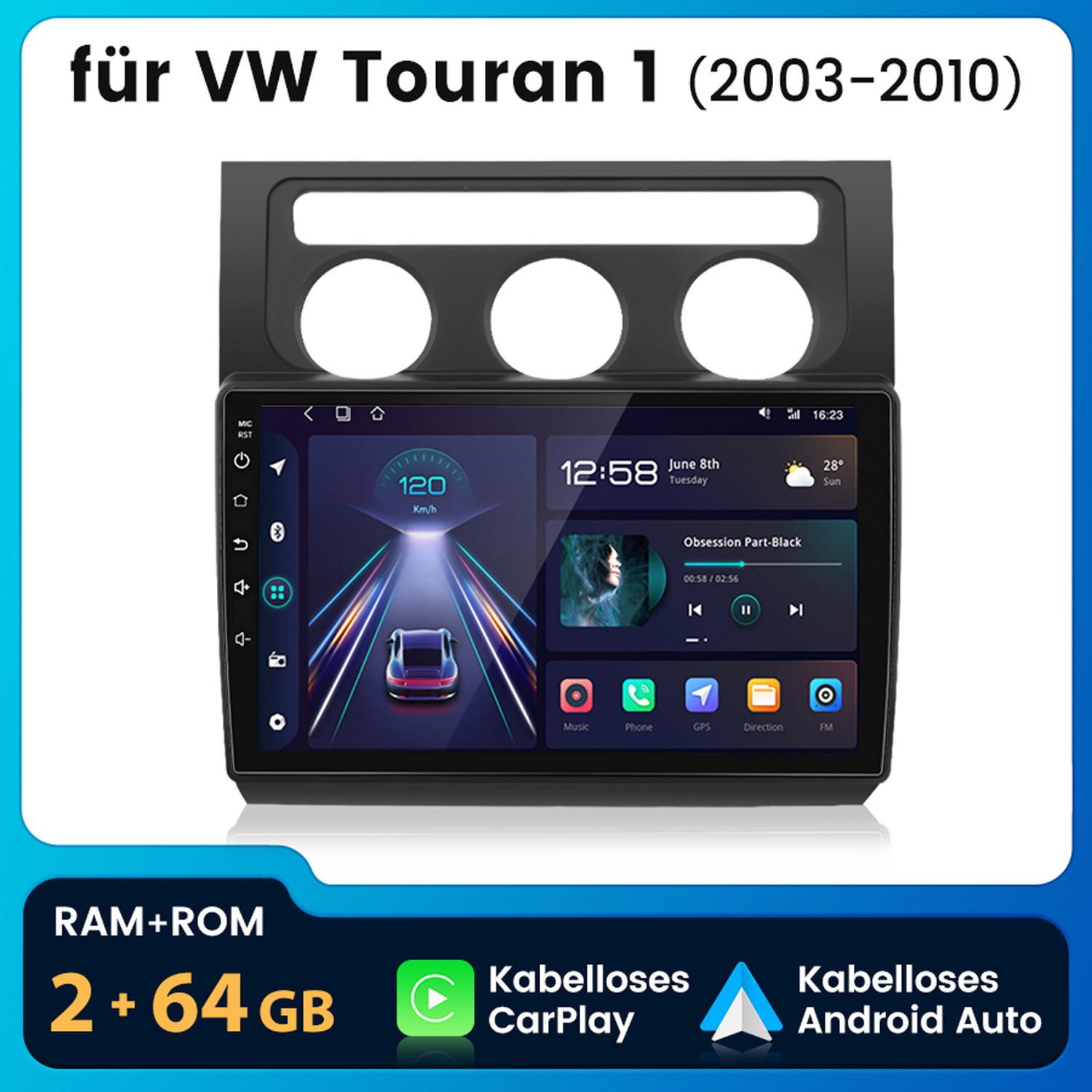 Autoradio mit großem Bildschirm. Zeigt Musiksteuerung, GPS und Telefonfunktionen.