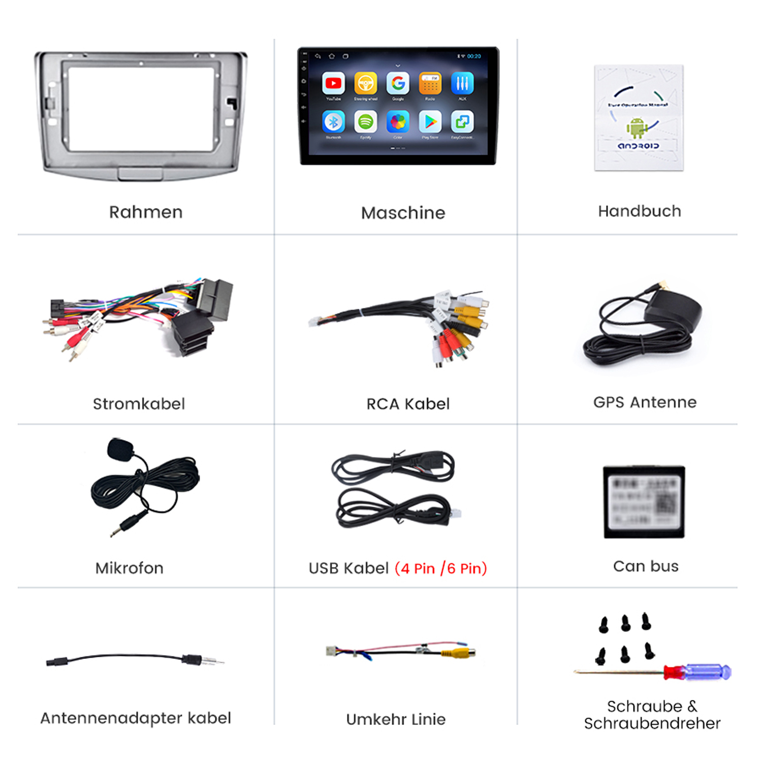 Mehrere Car-Audio-Teile, darunter ein Rahmen, eine Maschine, Kabel und eine GPS-Antenne.