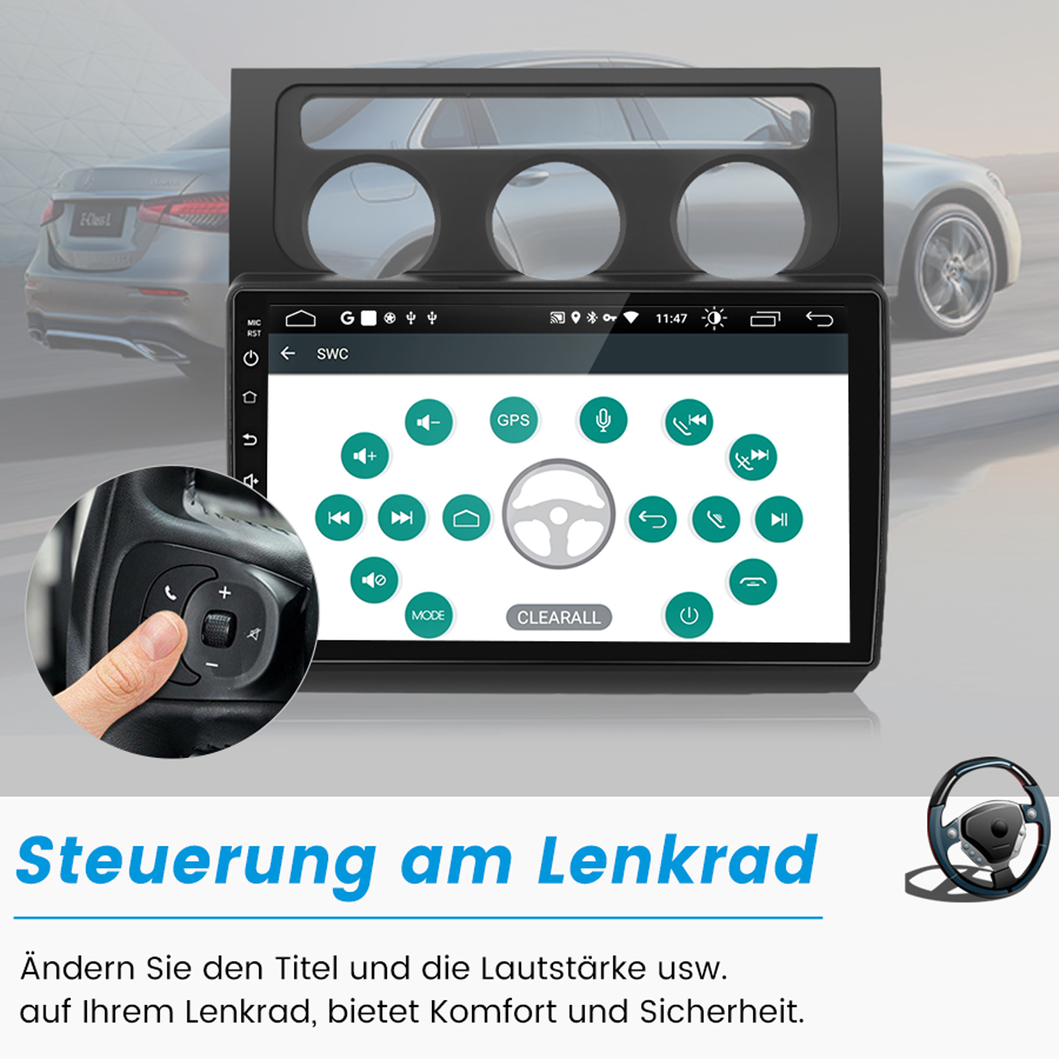 Auto-Infotainment-Bildschirm mit Lenkradbedienung. Zeigt Symbole für verschiedene Funktionen.
