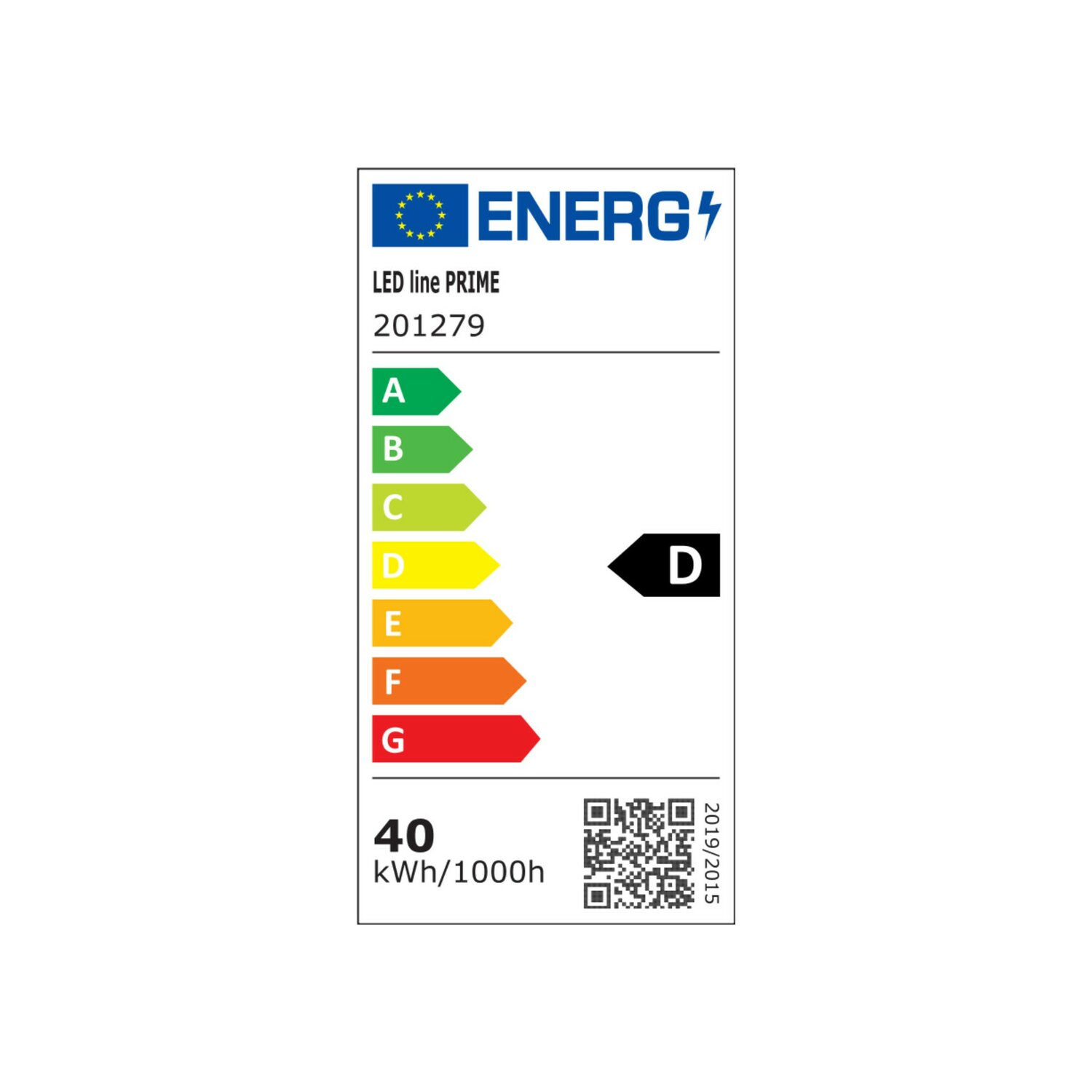 Energieeffizienz-Label. Zeigt ein 'LED line PRIME' Produkt. Zeigt Energieklasse D mit einem QR-Code.