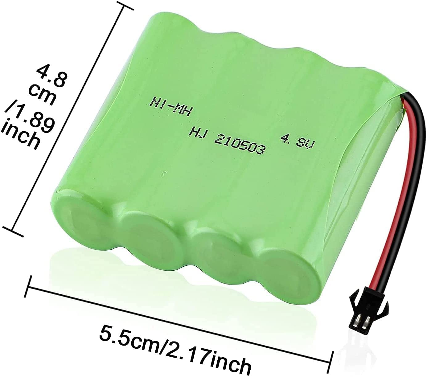 Ein grünes Batteriepack mit Maßen: 4,8 cm/1,89 Zoll und 5,5 cm/2,17 Zoll.