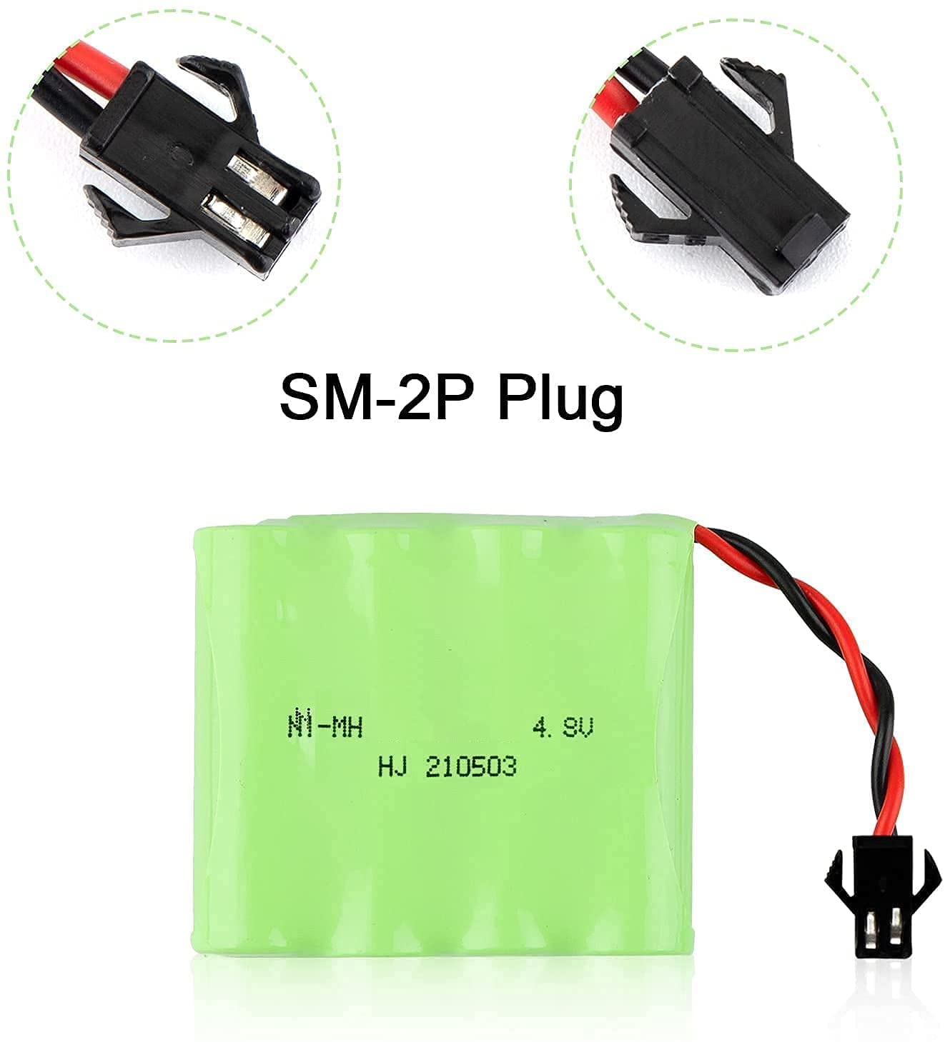 Nahaufnahme eines grünen Akkus mit einem rot-schwarzen Draht und zwei SM-2P-Steckern.