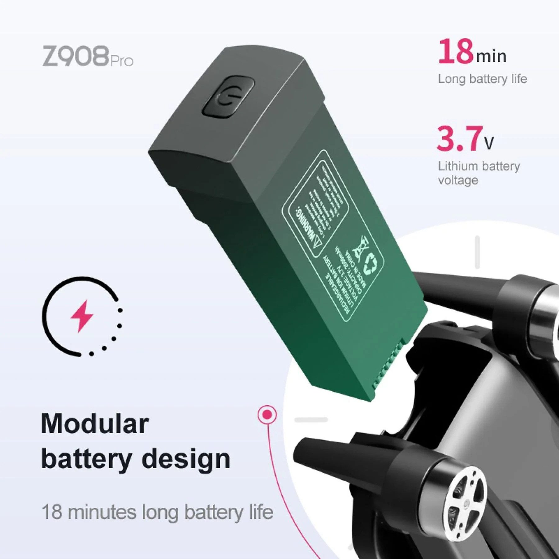Drohnenbatterie mit Text, der modulares Design und 18 Minuten Akkulaufzeit anzeigt. Schwarze Drohne.