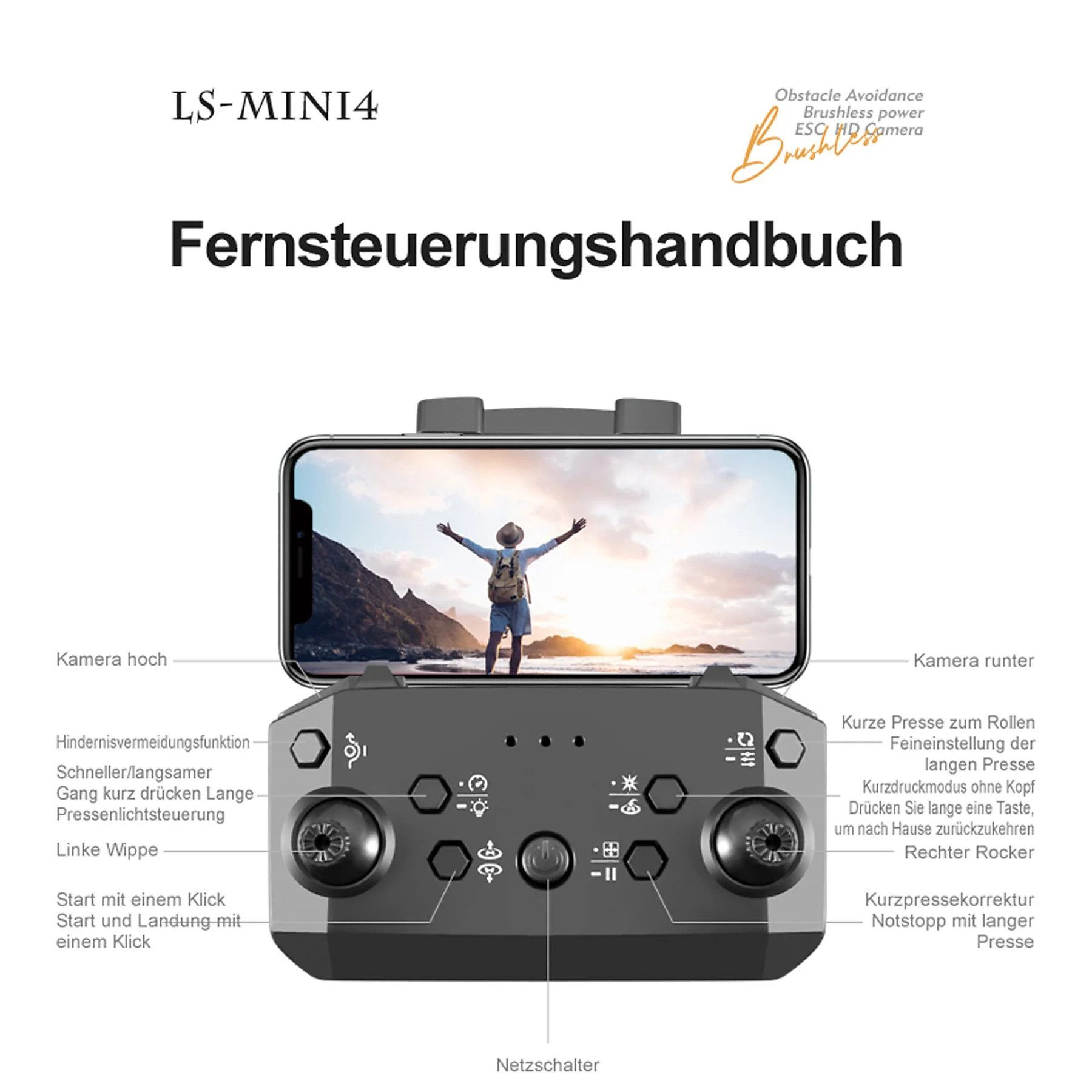 Fernbedienung für Drohne mit Smartphone-Halter. Schwarzer Controller mit vielen Tasten. Weißer Hintergrund.