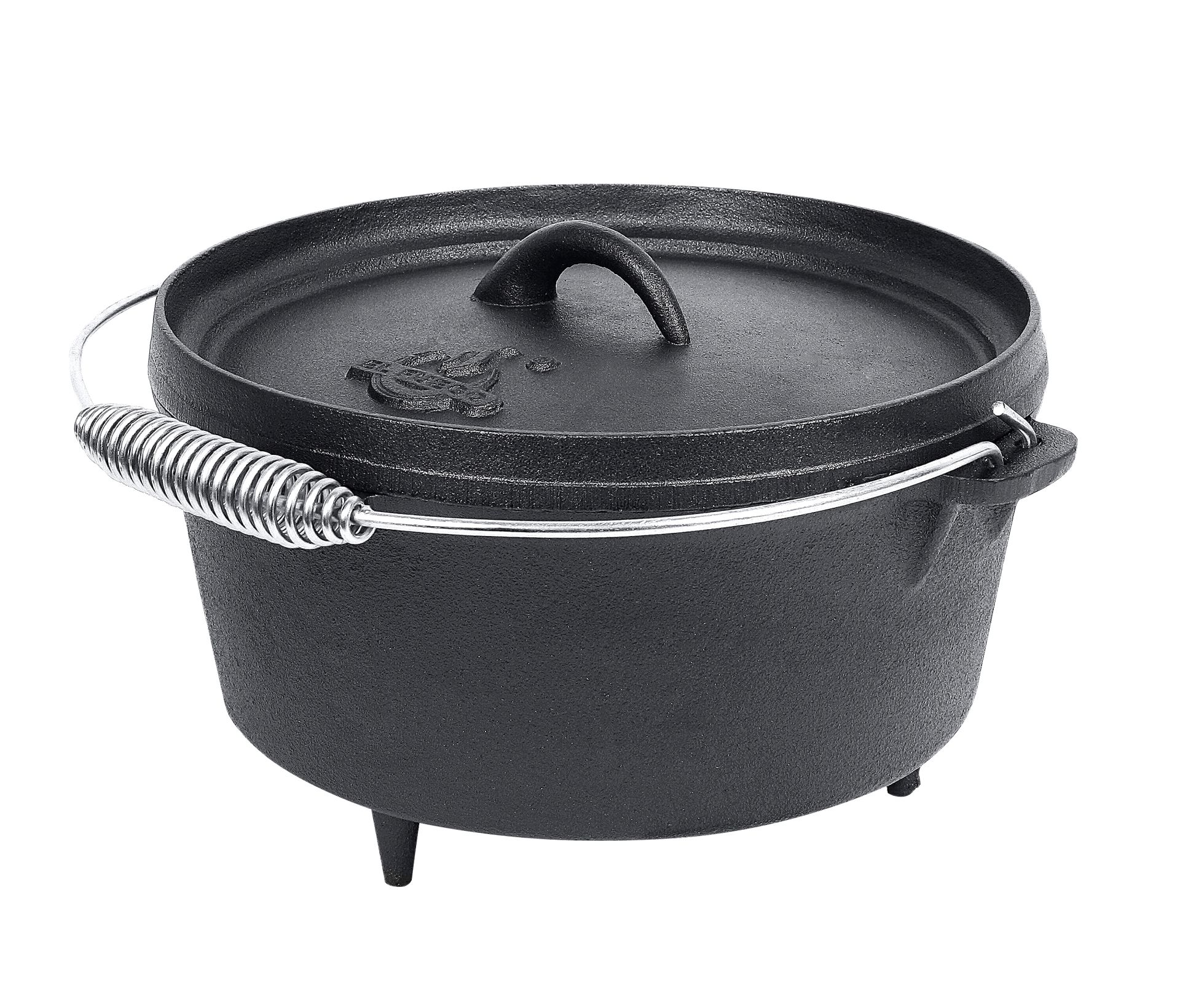 Schwarzer gusseiserner Dutch Oven. Hat einen Deckel, einen Bügelgriff und drei Füße.