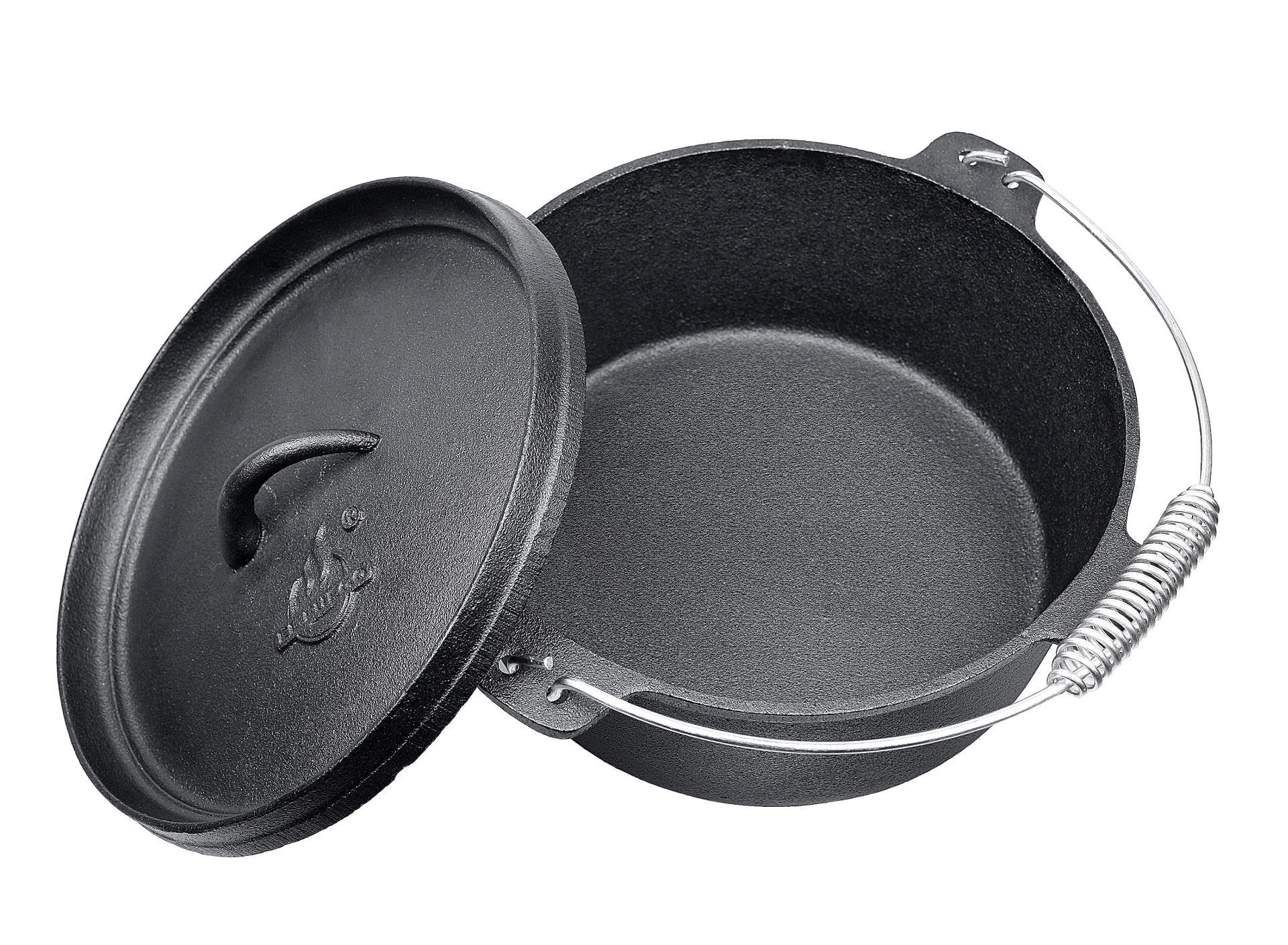 Ein schwarzer gusseiserner Dutch Oven mit offenem Deckel.