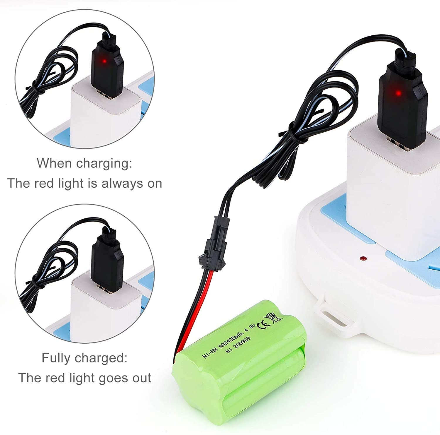 Ein Ladevorgang mit grüner Batterie und rotem Licht.