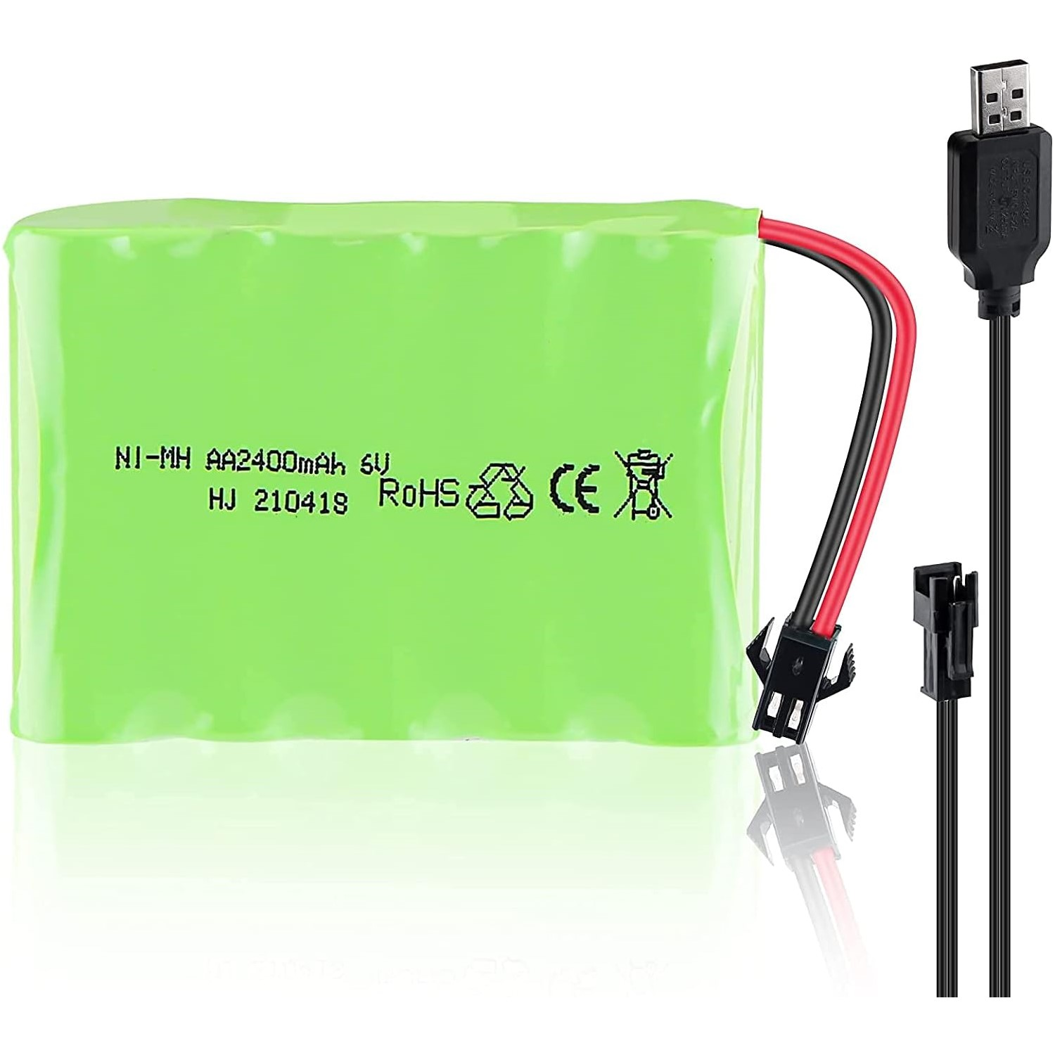 Eine grüne rechteckige Batterie mit einem schwarzen und roten Draht wird zusammen mit einem USB-Kabel angezeigt.