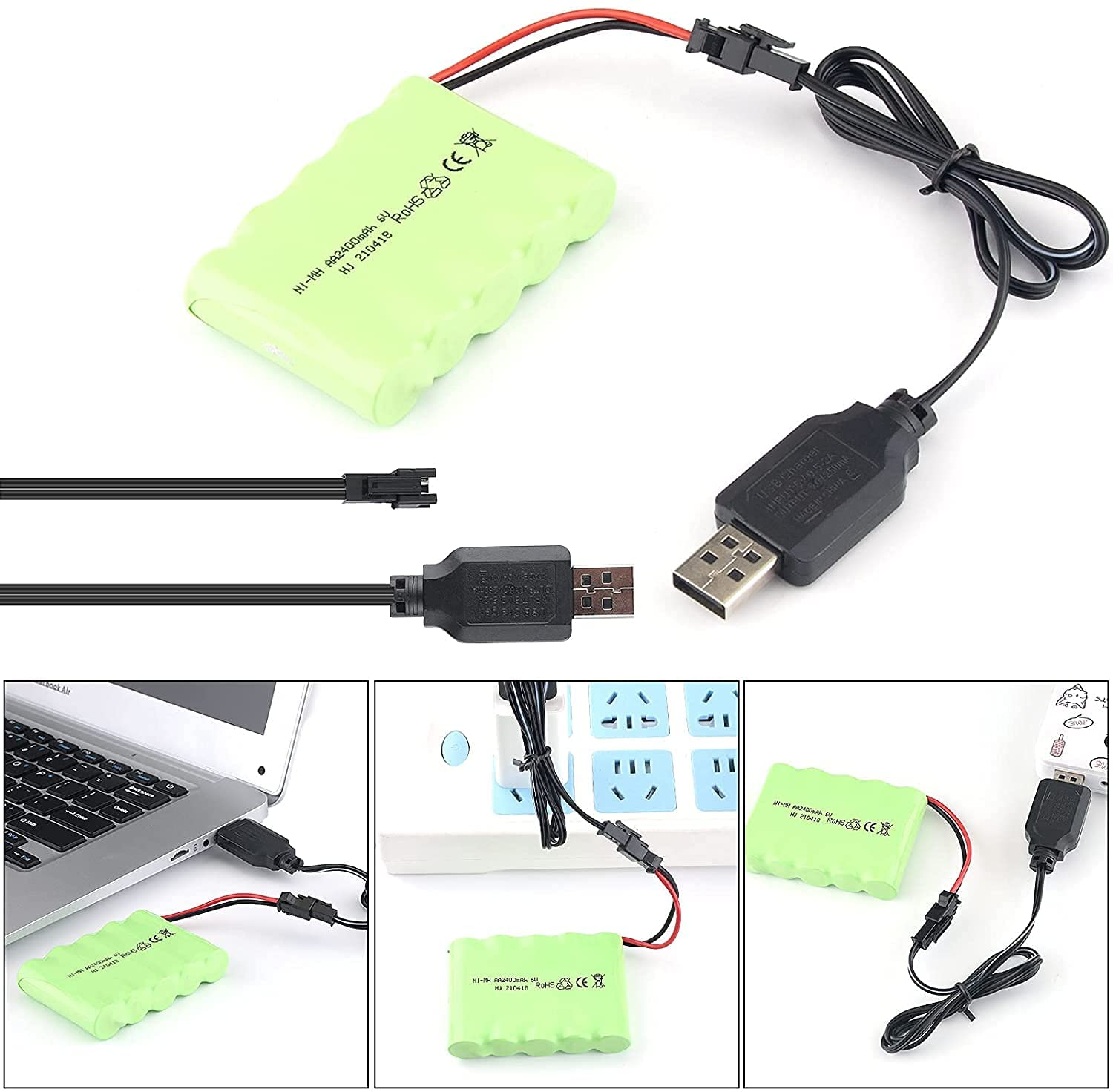 Grüner Akku mit schwarzem Stecker und USB-Kabel. Mehrere Aufnahmen zeigen die Verbindung zu Geräten.