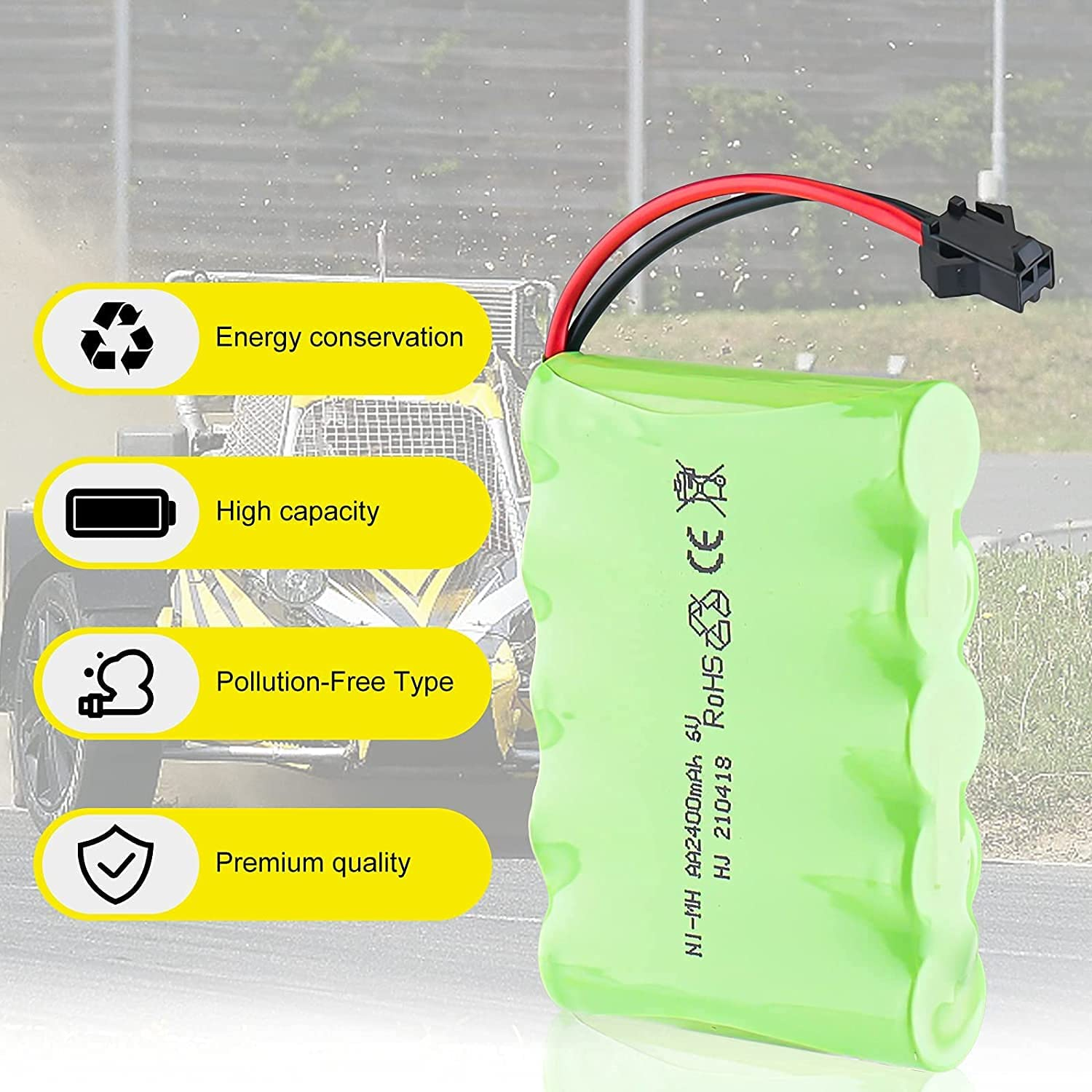 Grüne Batterie mit schwarzen und roten Drähten und Text über Energieeinsparung, hohe Kapazität und Premiumqualität.