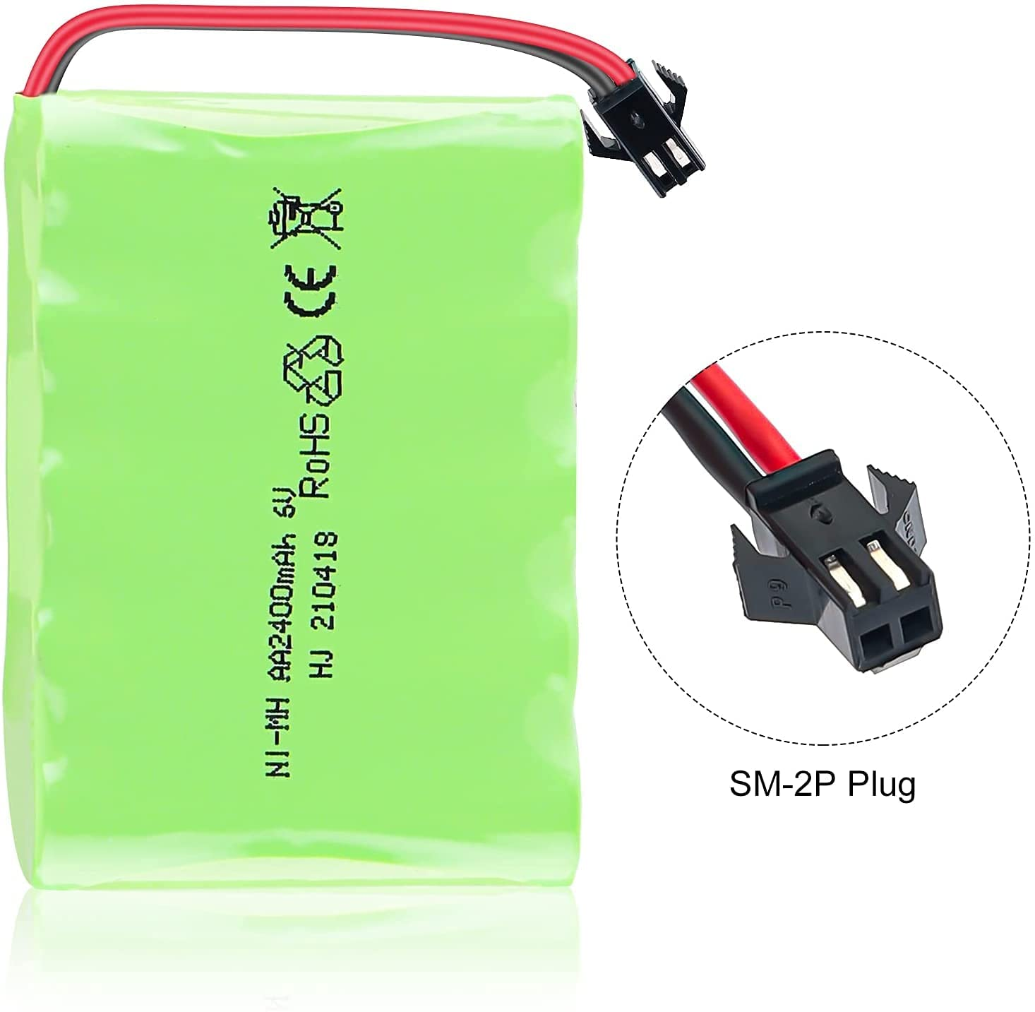 Grüne AA 2400mAh Batterie mit einem schwarzen und roten SM-2P Stecker auf weißem Hintergrund.