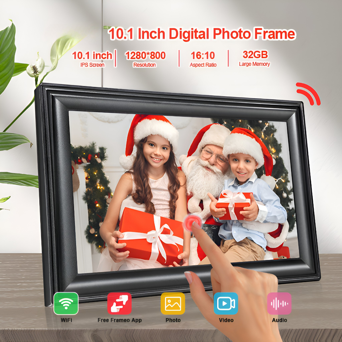 Digitaler Bilderrahmen mit Santa und Kindern. Touchscreen mit App-Symbolen.