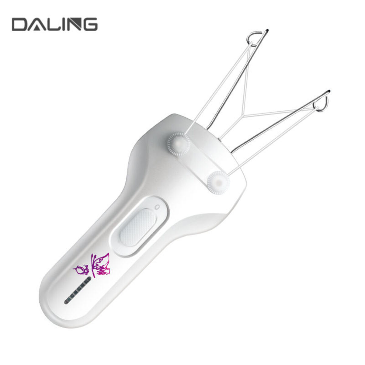 Weißes elektrisches Haarentfernungswerkzeug mit dem Markennamen 'DALING'. Es hat ein Schmetterlingsdesign.