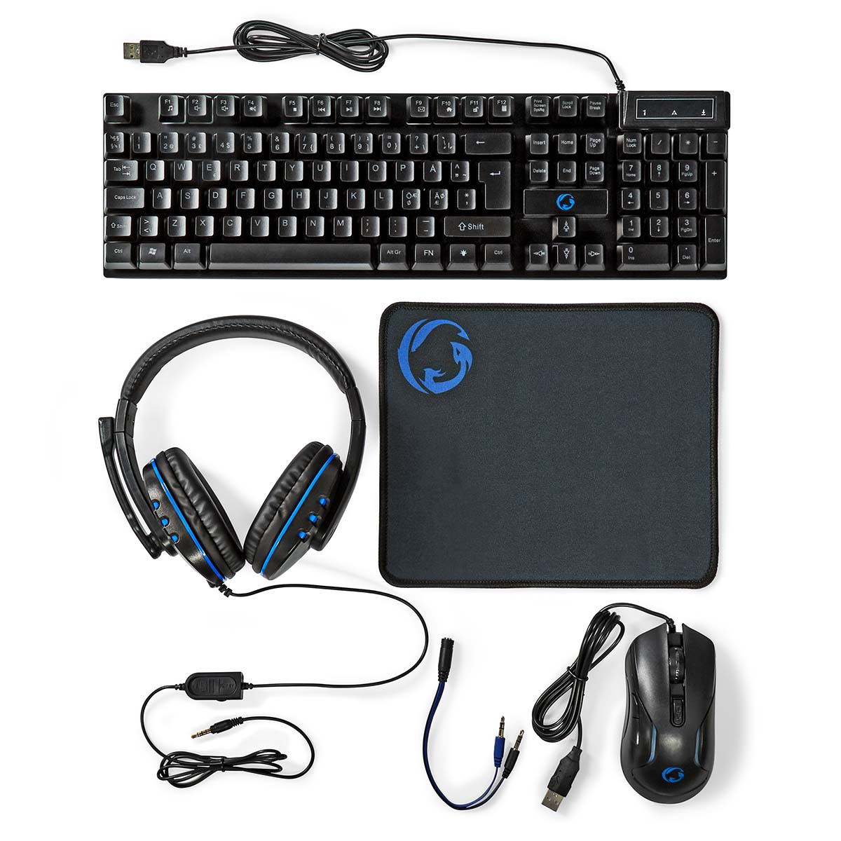 Configuration informatique : clavier, souris, tapis de souris et casque. Schéma de couleurs noir et bleu.