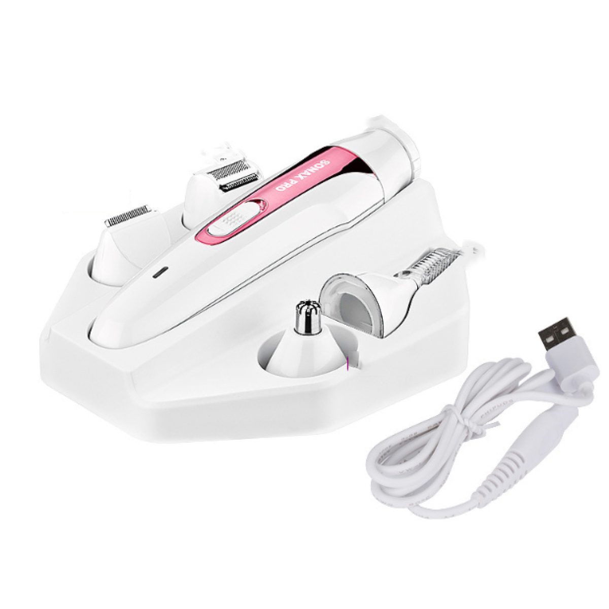 Ein weißes Pflege-Set mit mehreren Aufsätzen und einer Ladestation mit USB-Kabel.