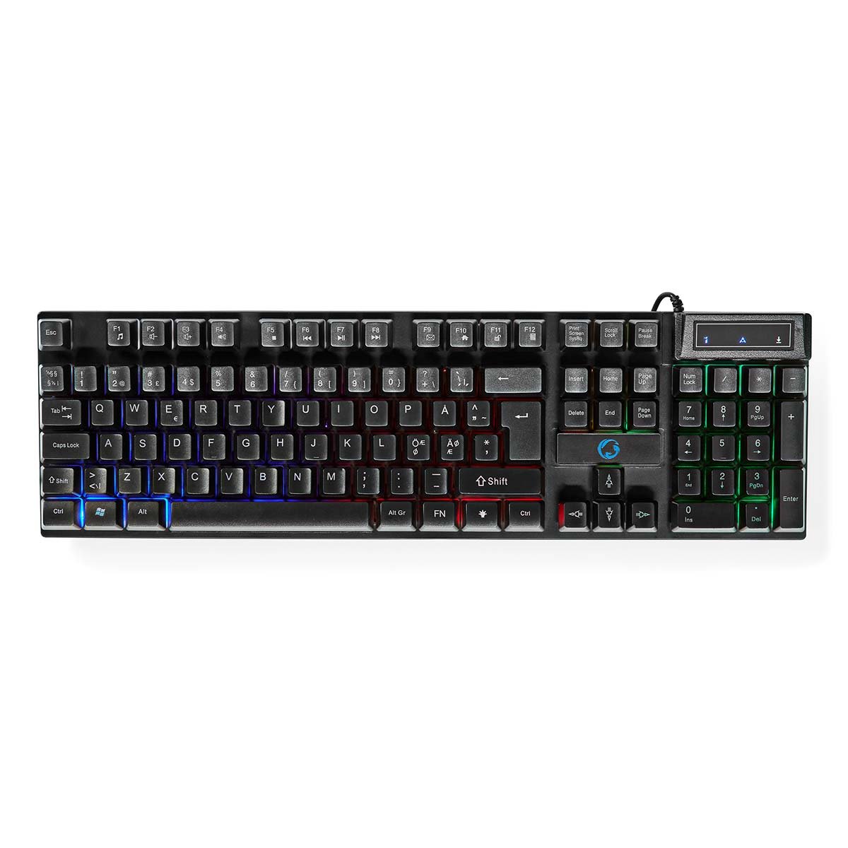 Clavier noir avec touches éclairées, dont un pavé numérique.