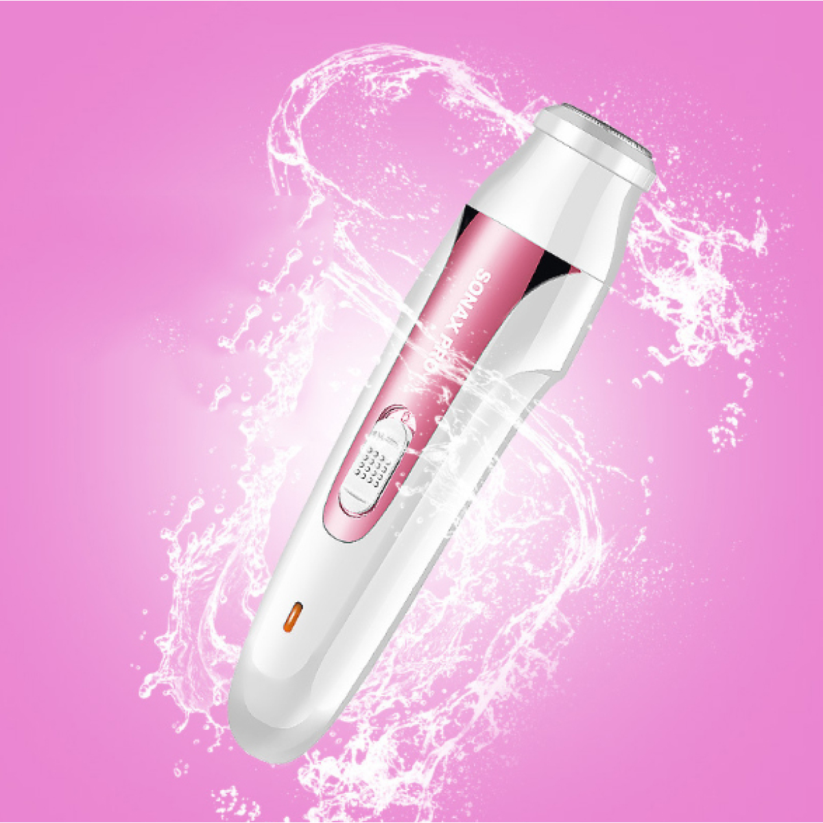 Ein weißer und rosa elektrischer Rasierer mit Wasser, das darum spritzt.
